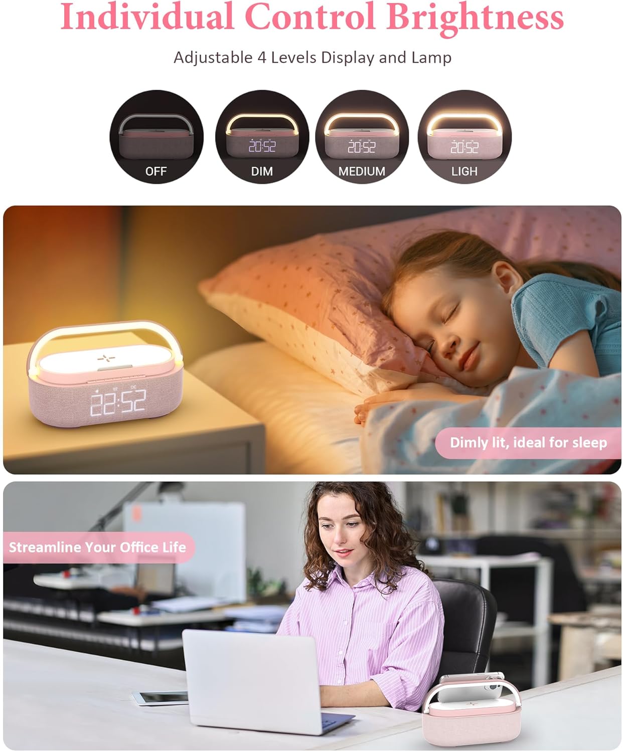 COLSUR Bluetooth Speaker with Wireless Charger, FM Radio, Dimmable LED Night Light, Dual Wireless Speakers, 2500mAh Portable Speaker for Home Decoration, Bedroom, Office, Gift