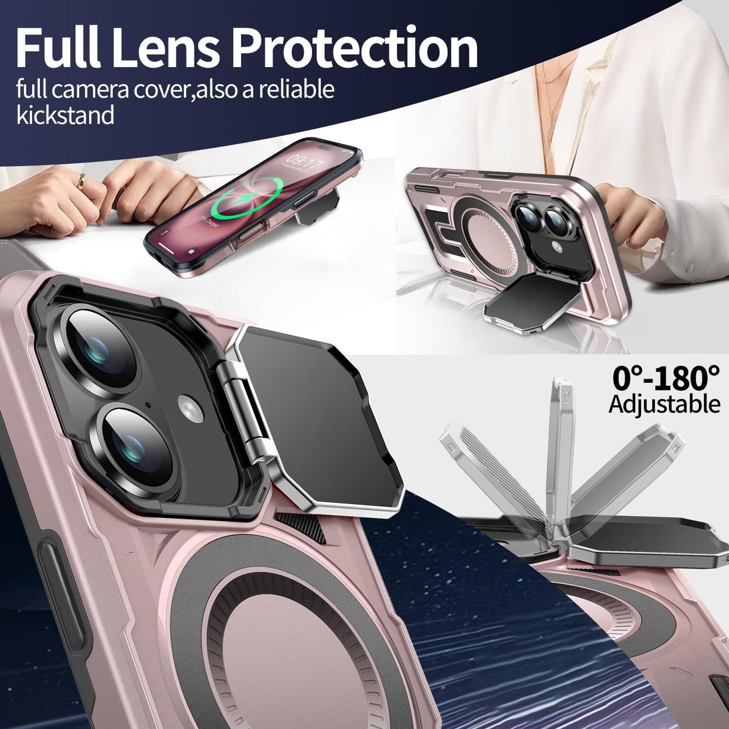 Camera Stand Case for iPhone 16, [Compatible with Mag Safe] [Lens Cover] 2024 Version Military Grade Protective Soft Case for iPhone 16 6.1 inch Men Women, Pink