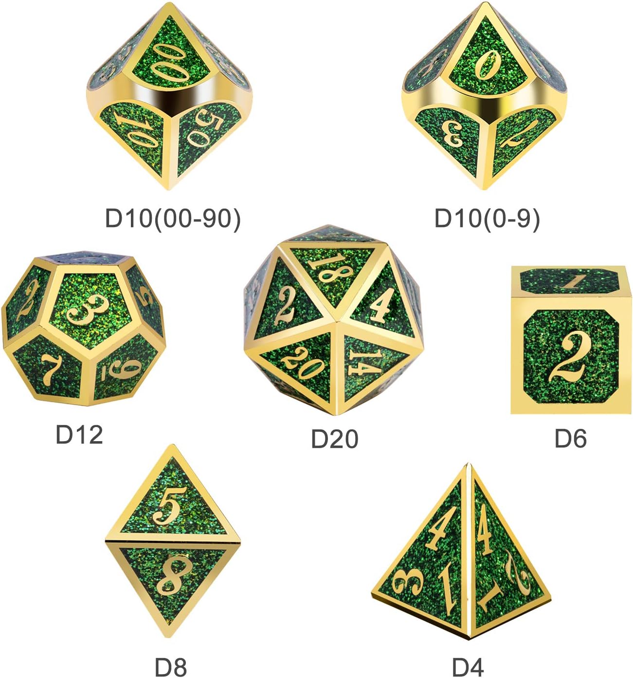 DNDND Metal Dice Set D&D,Glitter Green Heavy DND Dice with Free Metal Case for Role Playing Games Dungeons and Dragons