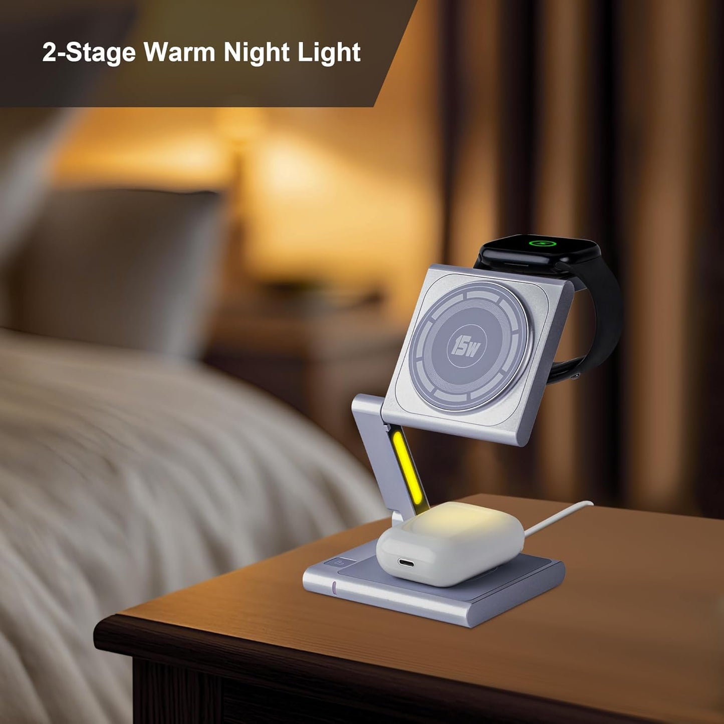 Fast Wireless Charging Station, Foldable for Travel w/Light, Modern All Aluminum Alloy Body, 4 in 1 Charger Compatible with MagSafe for Apple iPhone 16/15/14/13/12, AirPods and Apple Watch [Titanium]