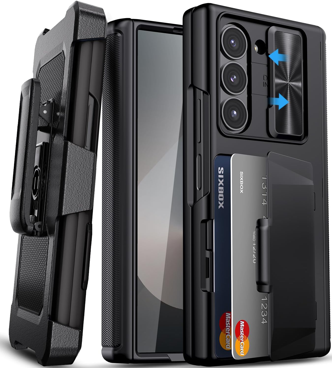 for Samsung Galaxy Z Fold 6 Case with Card Holder & Belt Clip & Slide Camera Cover, Built-in Hinge Protection & Screen Protector, Durable Wallet Phone Cover Case for Z Fold 6 5G 2024, Black