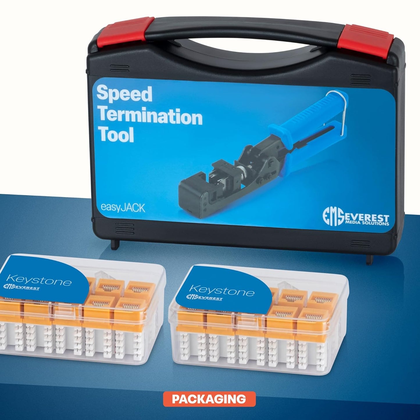 Everest easyJACK - 90° Angled Speed Termination Keystone Tool Set - with 20-Pack of RJ45 Cat6 Keystone Jacks in Yellow (Slim Profile Design) - Time Saver Network Punch Down Tool Cat6