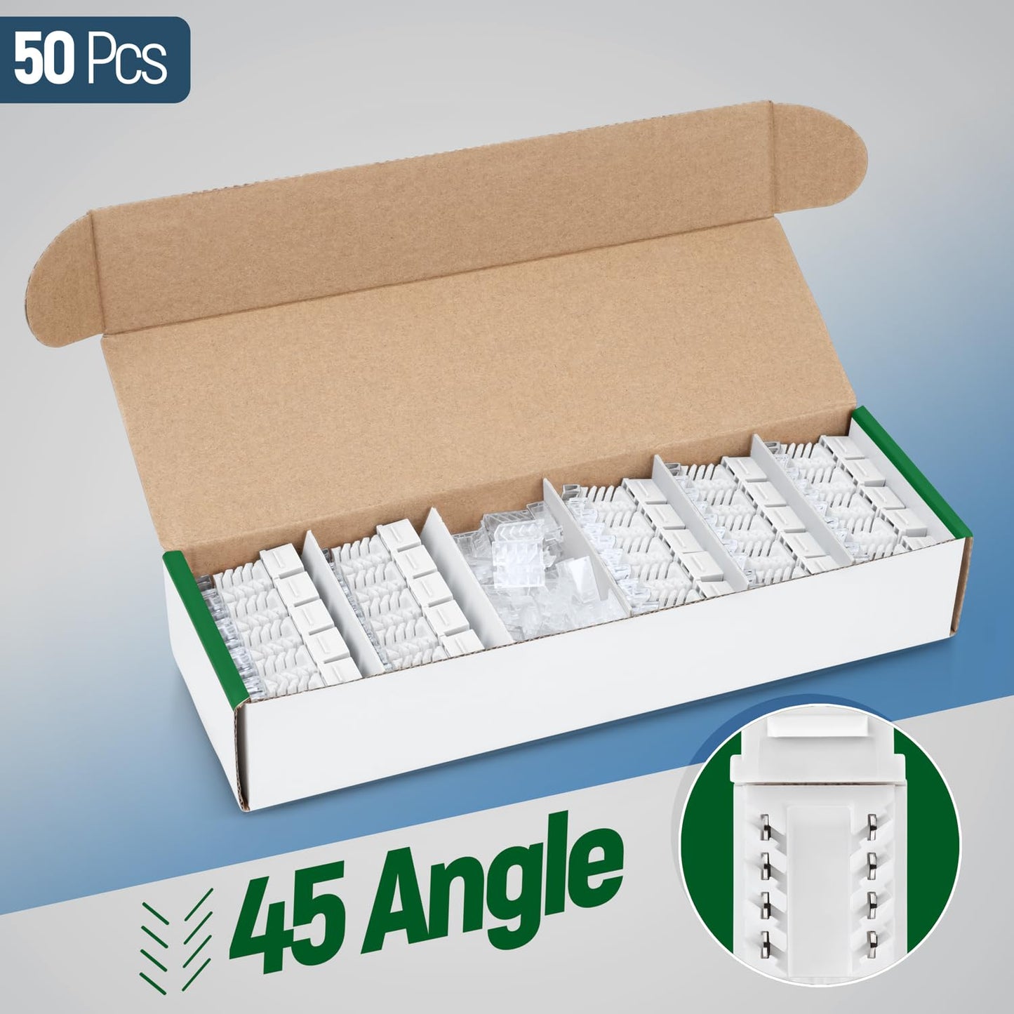 Everest 45° Angled RJ45 Cat6A Keystone Jacks 50-Pack in White - Slim Profile Female RJ45 Connectors - Cat 6A Keystone Jack - Compatible with 45° Angled Speed Termination Tool - 45Term (B0BL3GS7ZY)