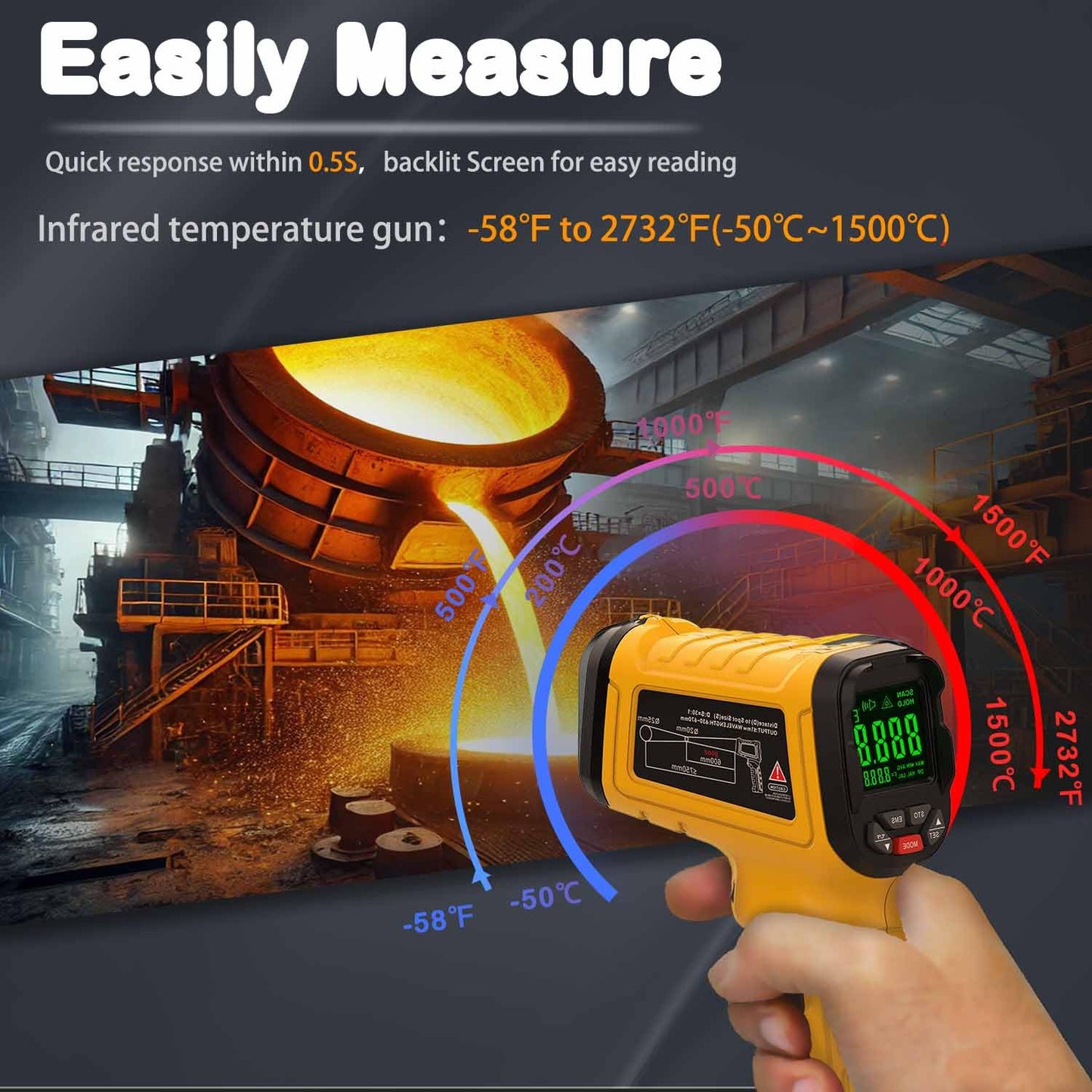 Infrared Thermometer High Temperature Gun -58℉~2732℉, 50:1 Distance Ratio, Digital Laser IR Temp Gun for Cooking, Pizza Oven, Engine, Kilns, Forges, Industry, and Home Repair.