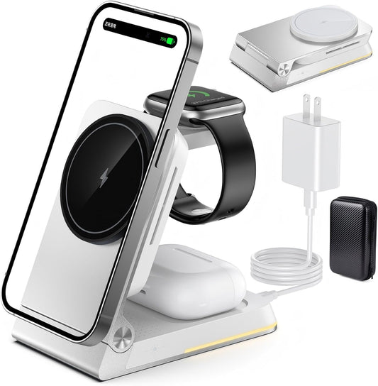 Aluminum 3 in 1 Wireless Charging Station,Foldable Wireless Charger for Apple Magsafe with Light,Portable Travel Magnetic Charger Stand for iPhone 16/15/14,Watch,Airpod, Include PD 20W Adapter & Case