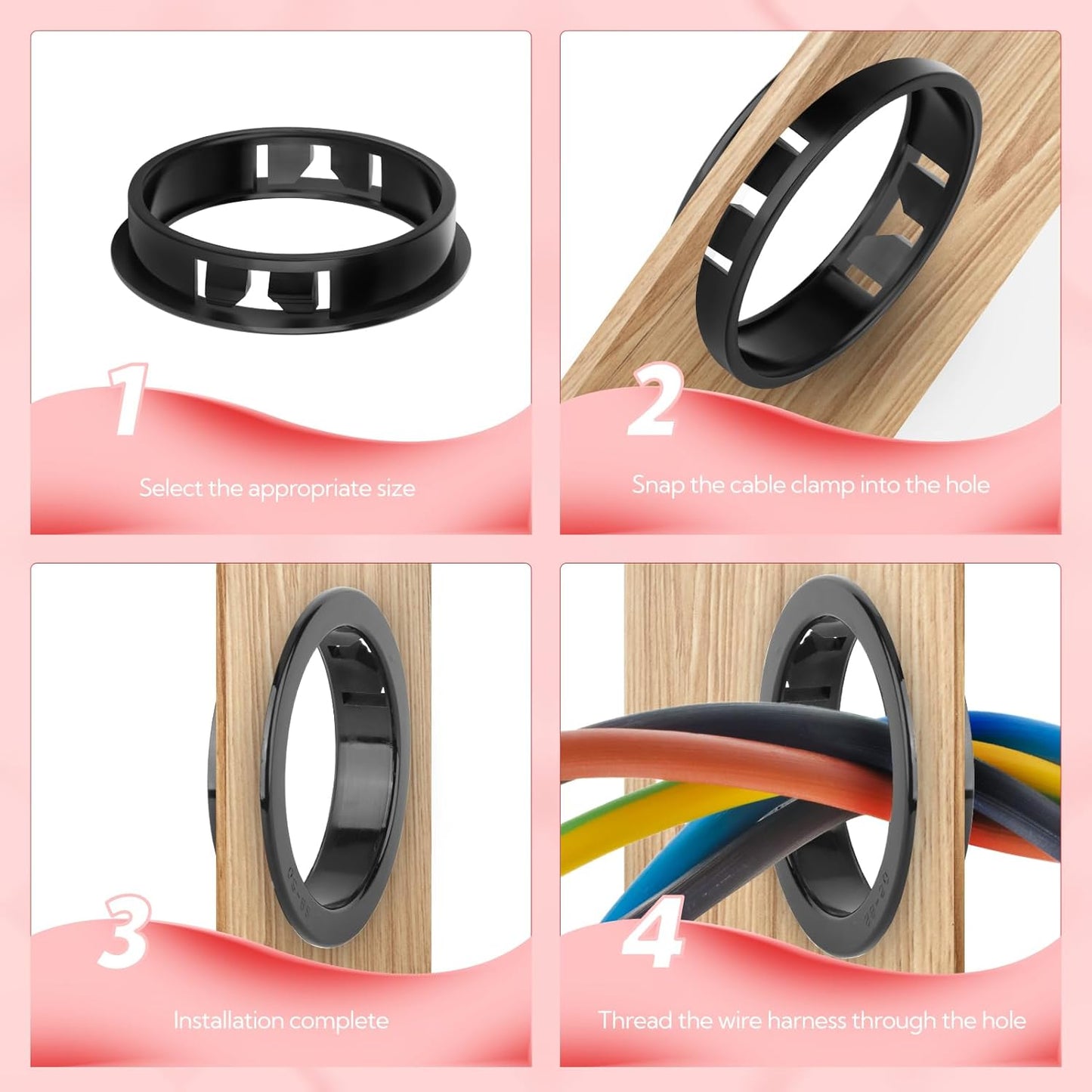 50PCS 1-1/2" Black Cable Snap Bushing Grommet, Snap in Cord Bushing Protect Cables