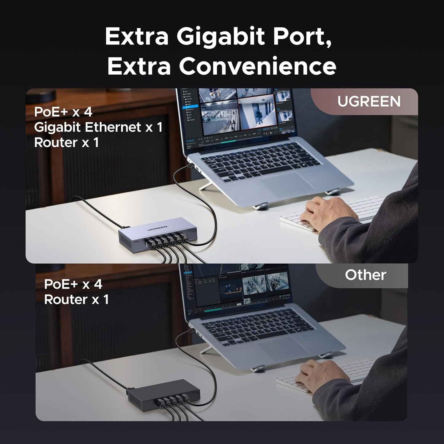 UGREEN Ethernet Switch, 6 Port PoE Switch, 4 PoE+@60W and 2 Gigabit Uplink, Plug & Play, Auto/VLAN/Extend Mode, Sturdy Metal, Desktop or Wall Mount Network Splitter Hub for Security Camera, IP Phone