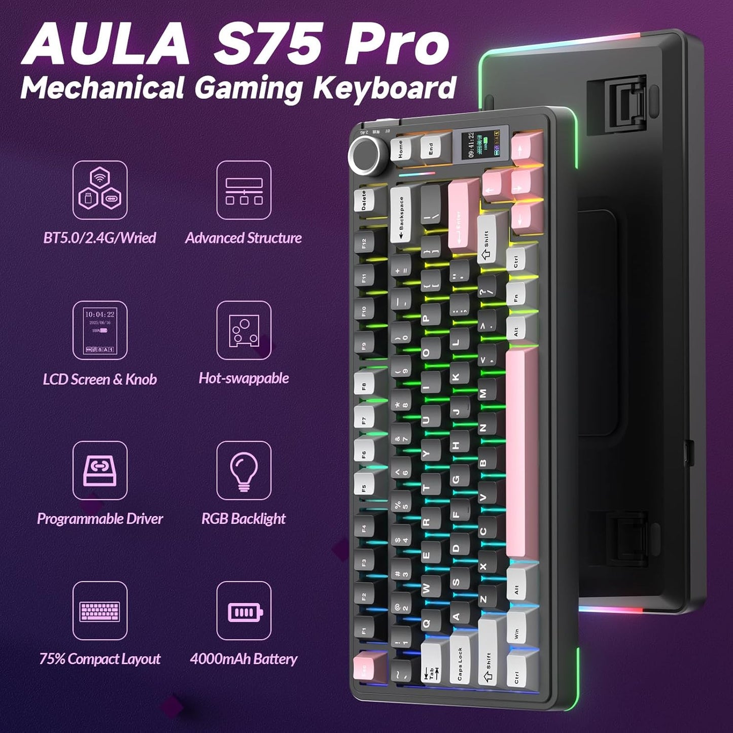 AULA S75 PRO Wireless Mechanical Keyboard with Screen&Knob, 75% Hot Swappable Gaming Keyboard with Pre-lubed Switches, RGB Backlit, PBT Keycaps Creamy Sounding Pc Gaming Keyboards