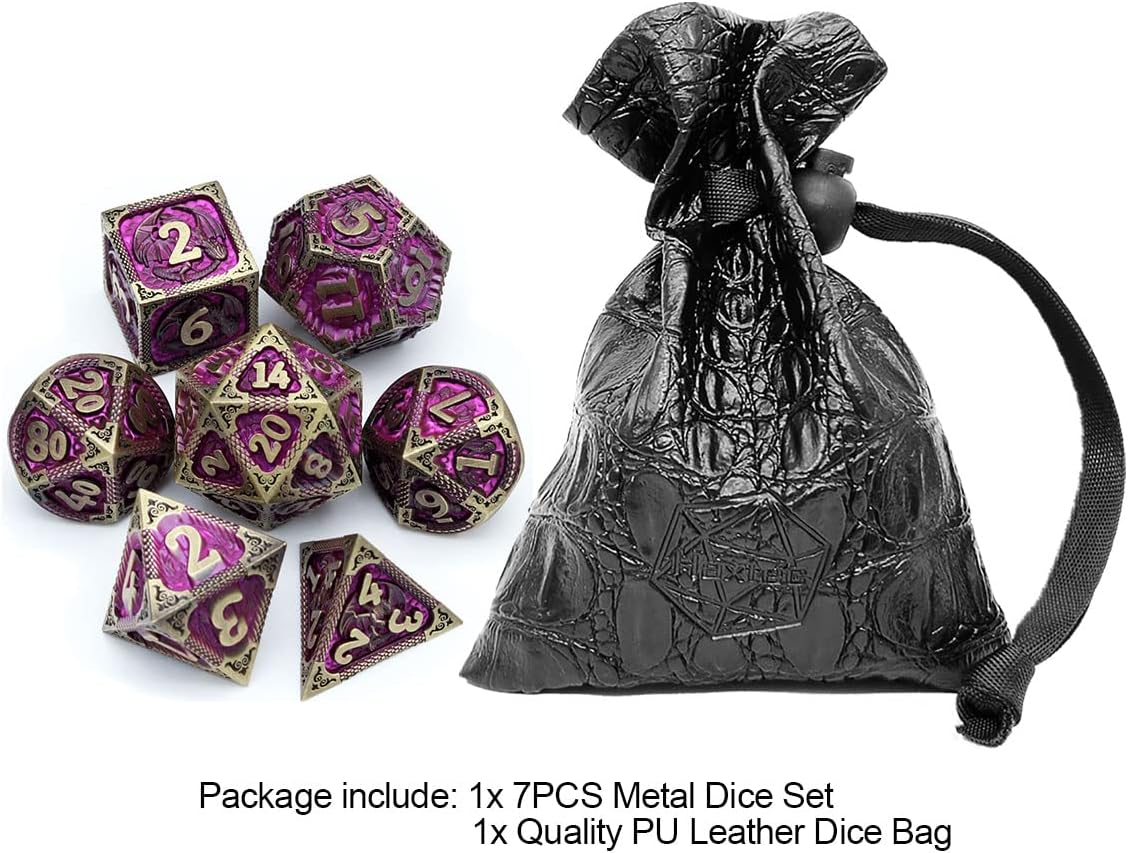 Haxtec Metal Dice Set Purple Black Dragon Pattern Metal DND Dice with Leather Dice Bag Polyhedral D&D Dice Compatible with Dungeons and Dragons TTRPG Gifts
