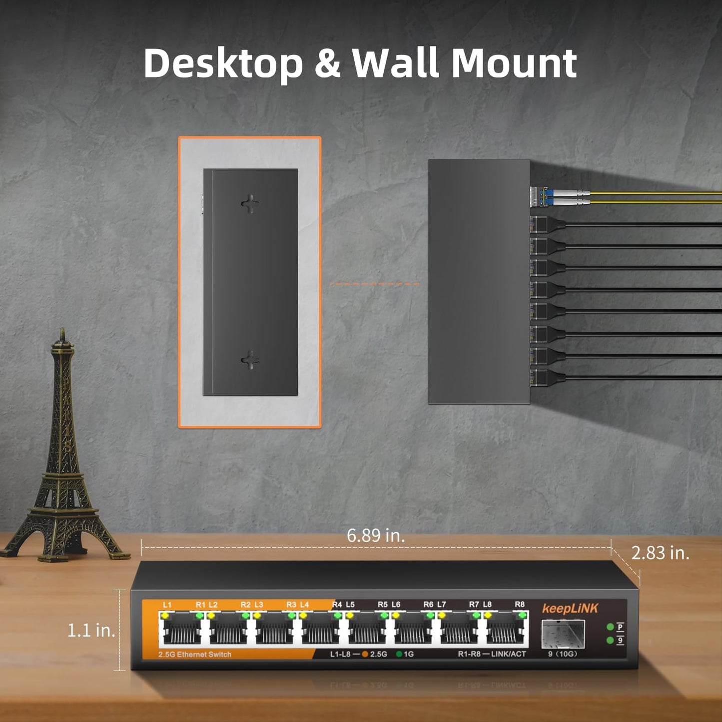 8 Port 2.5G Switch Unmanaged, Ethernet Switch with 8 x 2.5G Base-T Ports, 1 x 10G Base-T SFP Slot, 60Gbps Switching Capacity, Plug & Play, Fanless Metal, Wall Mountable