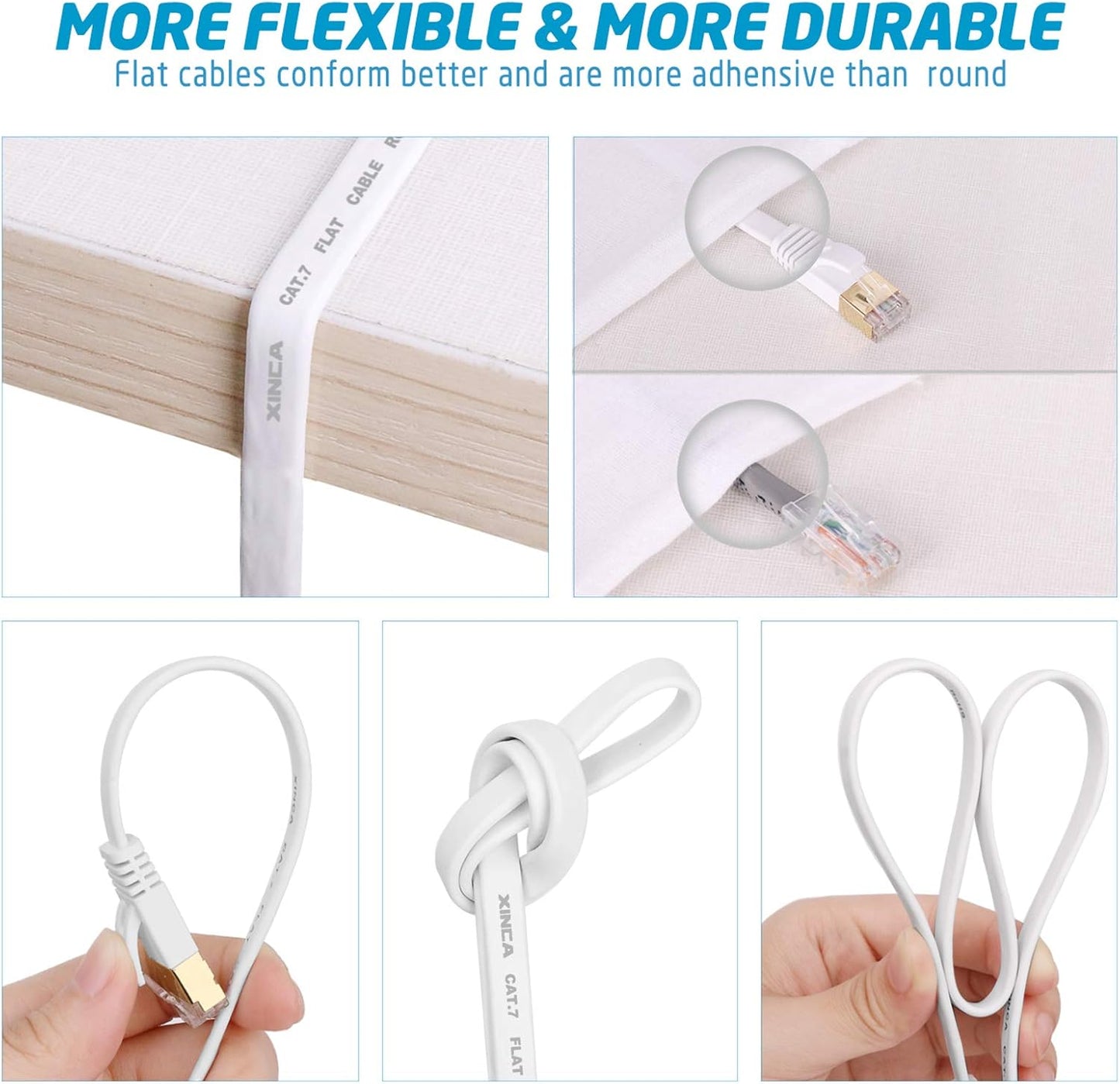 Cat 7 Flat Ethernet Cable 15ft White, High Speed 10GB Shielded (STP) LAN Internet Network Cable Ethernet Patch Computer Cable with Rj45 Connectors and 5pcs Adhesive Cable Clips