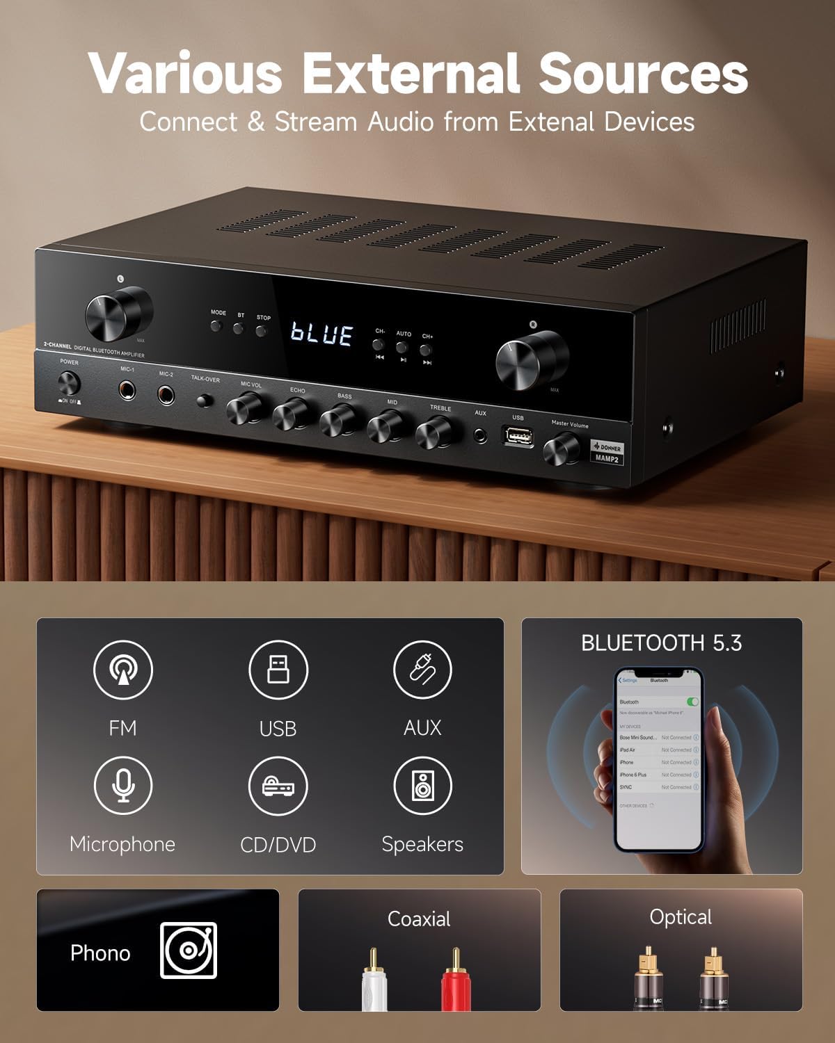 Donner Stereo Audio Amplifier, 600W Peak 2 Channel Receiver with Bluetooth 5.3, Phono, Optical, Coaxial, USB, FM, 2 Mic-in, Aux, RCA Input for Home, Karaoke, Theater Speakers, MAMP2