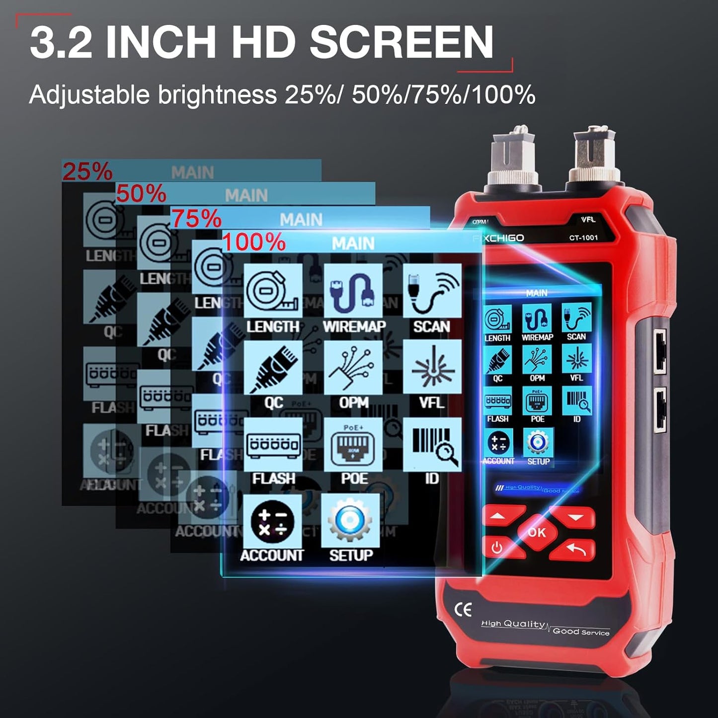 10 in 1 Network Cable Tester with 7 Wavelengths OPM 10Km/10mW VFL 600M Measurable Length 100 Records Tool Kit for CAT5 CAT6 Telephone Ethernet RJ11 RJ45 PoE Wire Tracer NCV, Red