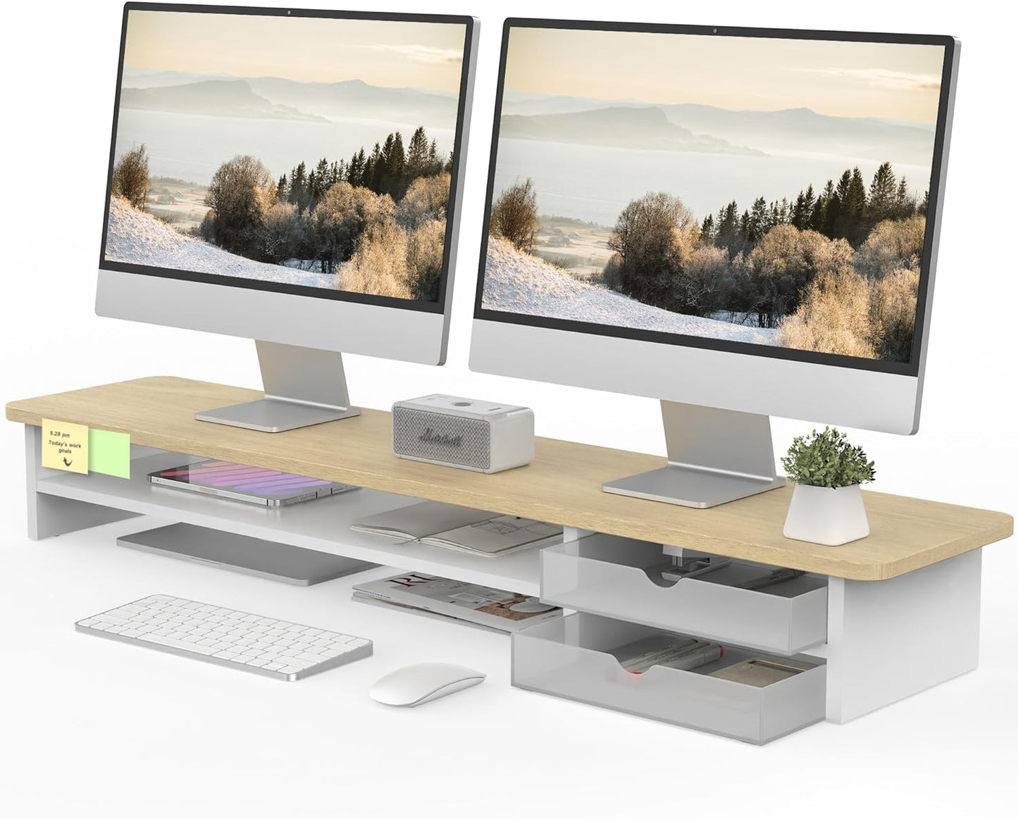 Fenge Monitor Stand, Dual Monitor Riser, 42.5inch Large Desk Computer Monitor Stand Riser with Drawer, 2 Tier Wood & Acrylic Desktop Organizer for Computer, Laptop, Printer, TV Screen Riser