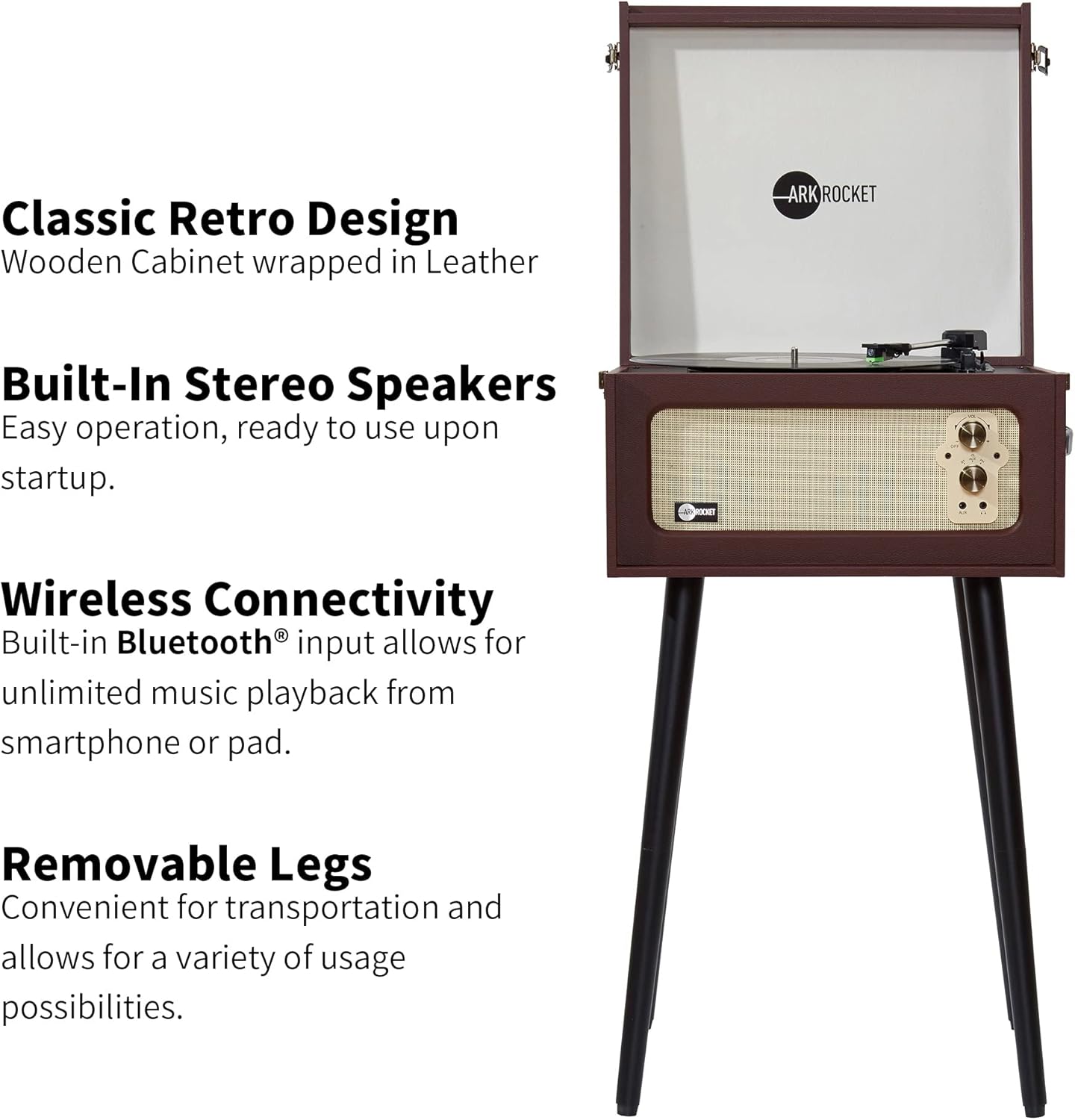 Arkrocket Discovery II 3-Speed Bluetooth Record Player Retro Console Turntable with Built-in Speakers and Removable Legs (Brown)