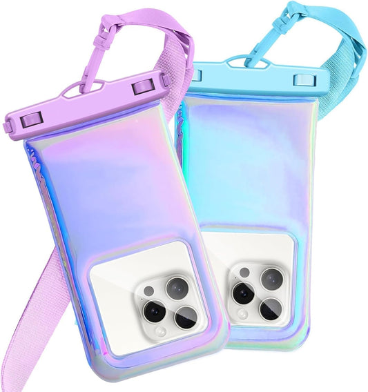 Floatable Waterproof Phone Pouch Case 2 Pax for iPhone 16 Pro Max/15/14/13/12, IP68 Travel Cellphone Dry Bag Beach Cruise Ship Essentials Bags with Crossbody Lanyard, Iridescent Purple and Blue-7″