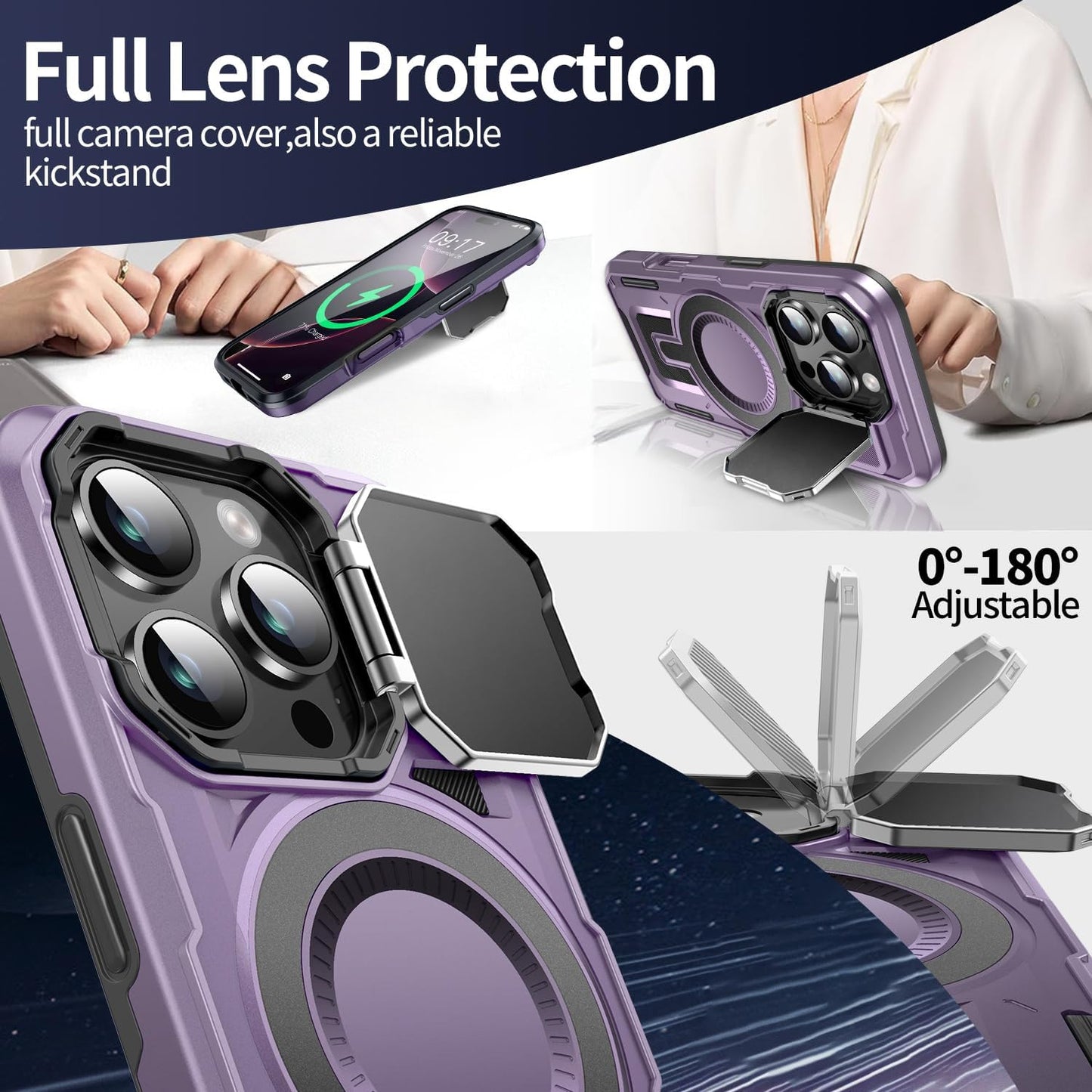 Camera Stand Case for iPhone 16 Pro, [Compatible with Mag Safe] [Lens Cover] 2024 Version Military Grade Protective Soft Case for iPhone 16 Pro 6.3 inch Men Women, Purple