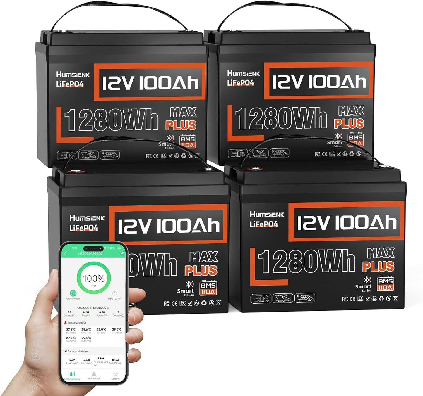 4 PCS 12V 100Ah LiFePO4 Lithium Battery MAX PLUS, Built-in 110A BMS & Bluetooth 5.0, 15000+ Deep Cycles Lithium Batteries, Max.1280Wh, 10-Year Lifespan for RV, Marine