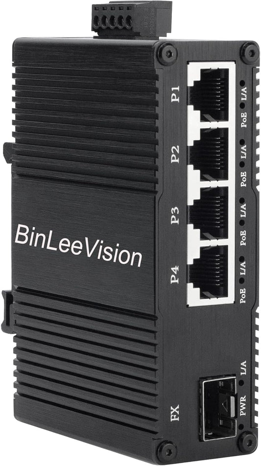 Industrial Mini Gigabit Ethernet Switch 4-Port RJ45 10/100/1000BASE-T+1-Port SFP Slot,Unmanaged Network Switch,Network Hub,Dinrail Mount or Wall-Mount,Plug & Play,Fanless (4 RJ45+1 SFP with PoE)