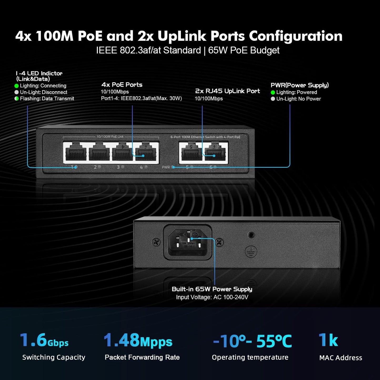 6 Port Mini PoE Switch with 4 PoE+, 2 Uplink, 10/100Mbps Ethernet, 65W 802.3af/at PoE, Fanless Metal Plug & Play PoE+ YuLinca Network Switch