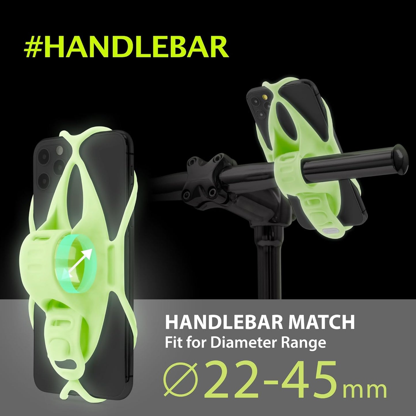 BONE Bike Tie 4, Bike Cell Phone Mount for Handlebar, Scratch-Free Silicone Holder with Anti-Slip Design, Universal Cycling Phone Holder Compatible with Most Smartphones (Luminous - Handlebar)