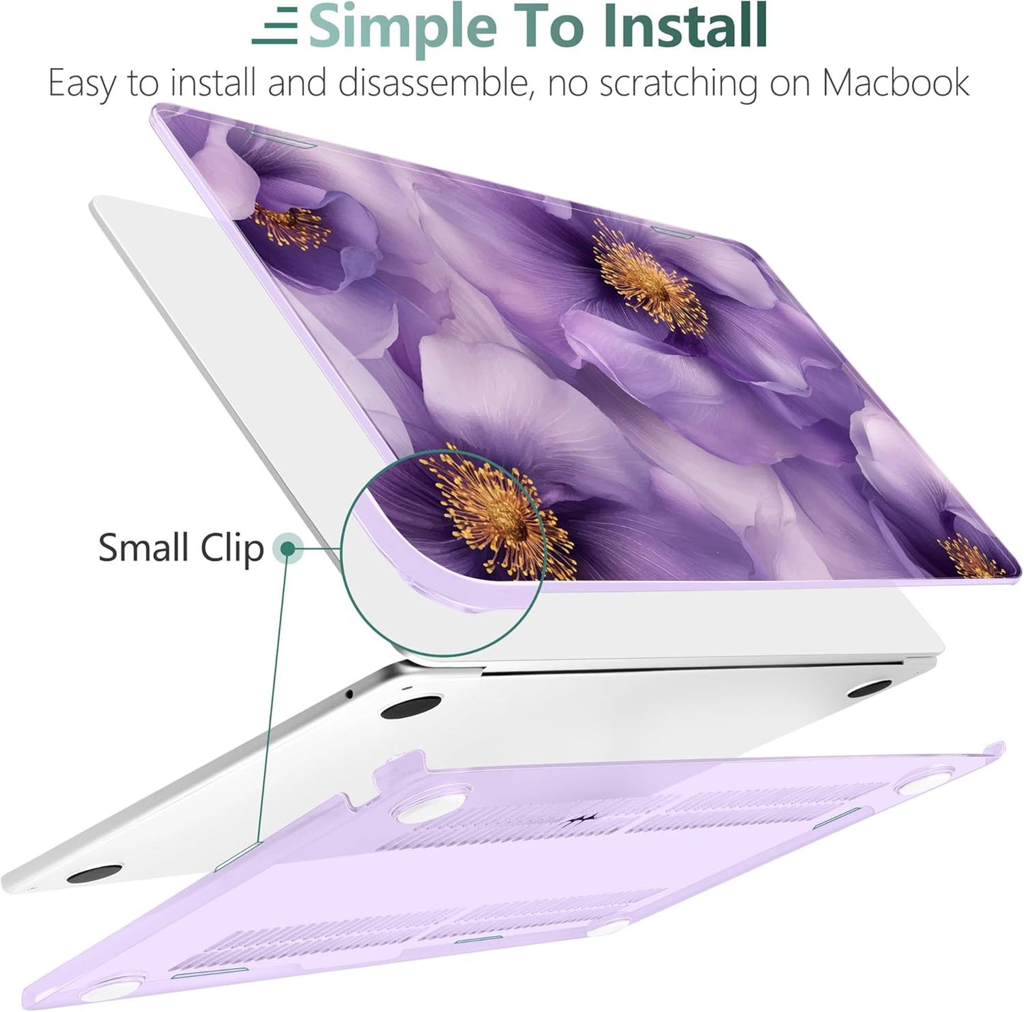 TWOLSKOO Compatible with M4 MacBook Air 15 inch Case 2025-2023 Released Model M4 A3241 M3 A3114 M2 A2941, Plastic Hard Shell & Screen Protector & Keyboard Cover & Type C Adapter, Purple Flowers
