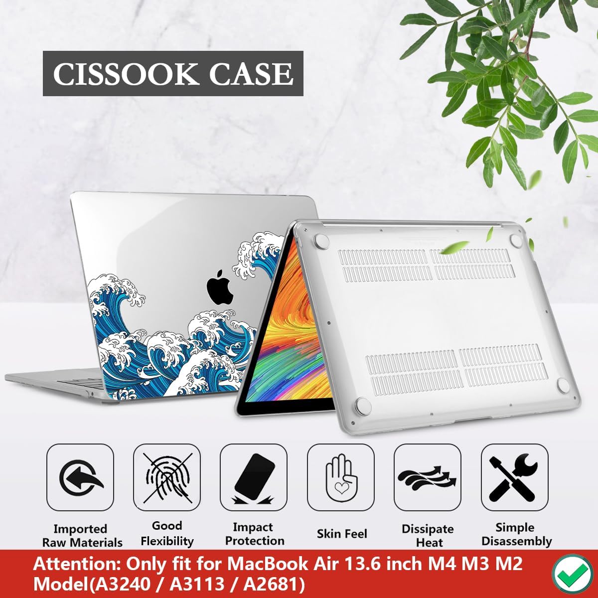 CISSOOK Wave Case for MacBook Air 13.6 inch 2025 2024 2023 2022 Release, Ocean Hard Shell Cover for MacBook Air 13.6 Touch ID Model A2681 A3113 A3240 M2 M3 M4 Chip with Keyboard Cover - Great Wave
