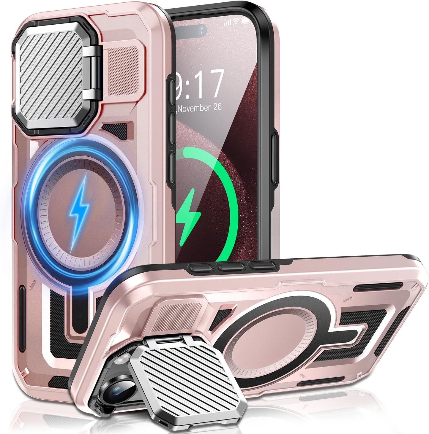 Camera Stand Case for iPhone 15 Pro, [Compatible with Mag Safe] [Lens Cover] 2024 Version Military Grade Protective Soft Case for iPhone 15 Pro 6.1 inch Men Women, Pink