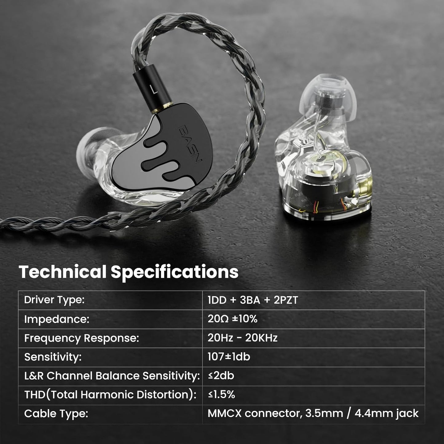 BASN BmasterX in Ear Audio Monitor, Hybrid 6 Drivers IEM Earphones with Crystal Clear Sound, Detachable Cable Plus Carrying Case & Fit Kit for Musician, Stage, Studio (3.5mm/4.4mm Jack, Black/Silver)