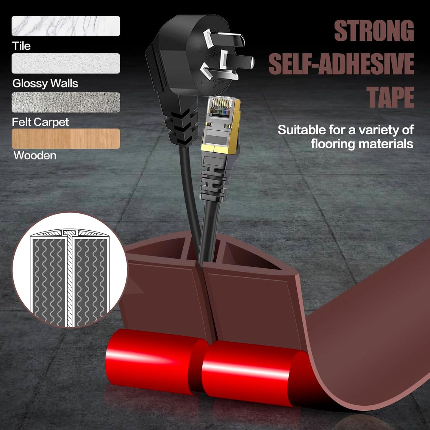 Floor Cord Cover Cavity 0.8"x0.37" Self Adhesive Cord Hider, 10FT Low Profile Cable Management, Extension Strip Protector for Wires, Prevent Cable Trips for Offices, Gyms, Exhibitions（Coffee）