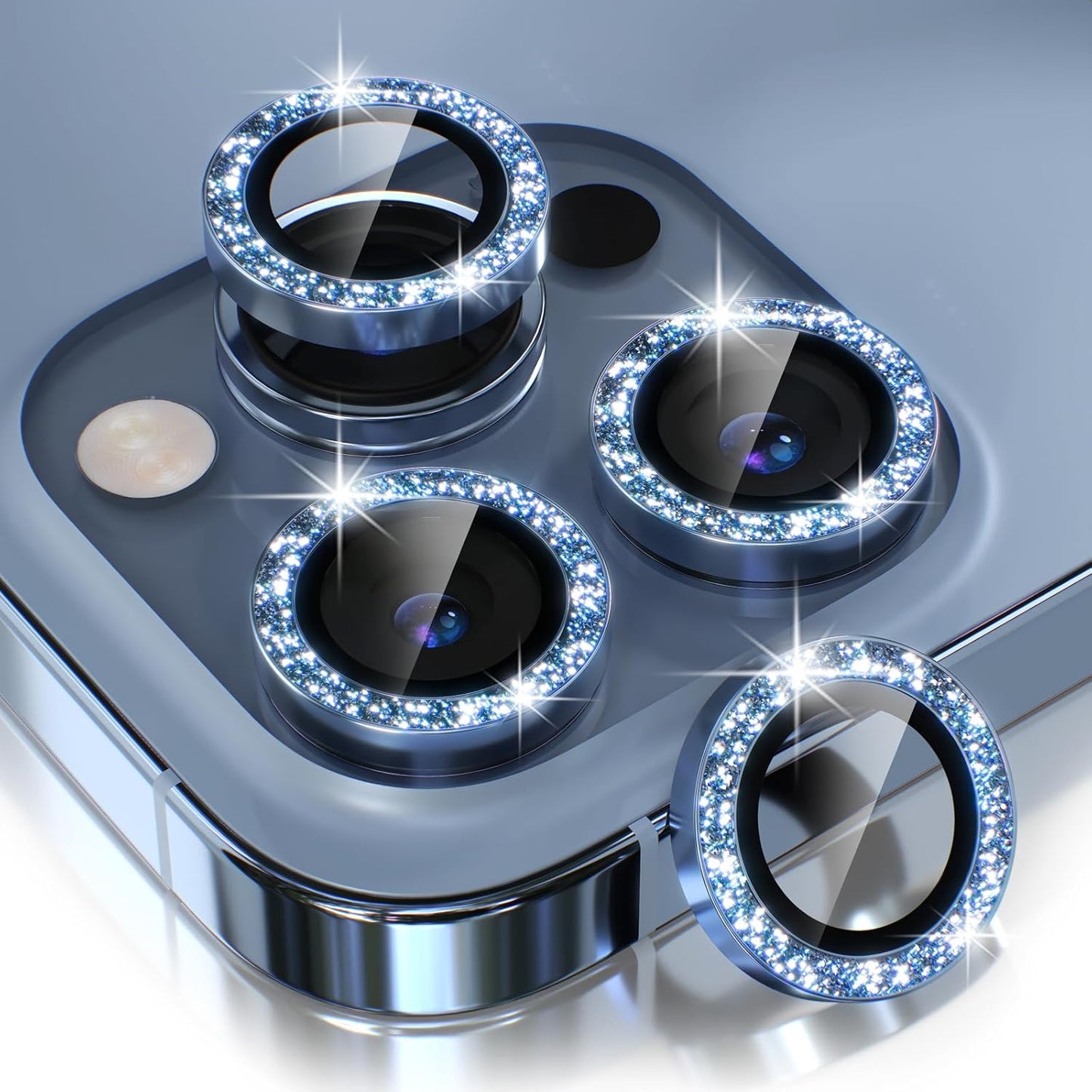 Choiche [3+1 for iPhone 13 Pro/iPhone 13 Pro Max Camera Lens Protector Bling, 9H Tempered Glass Camera Cover Screen Protector Metal Ring Decoration Accessories (Glitter-Sierra Blue)