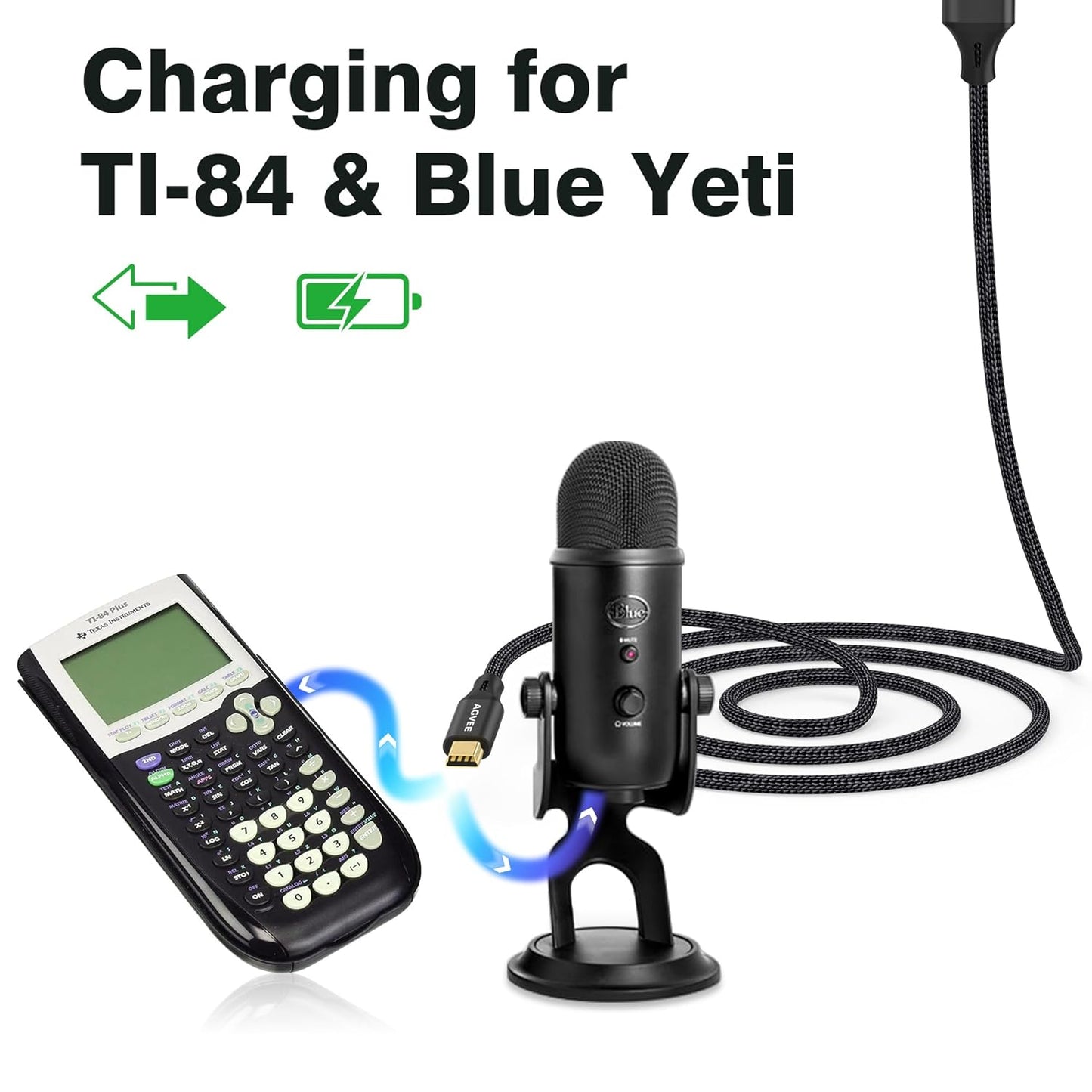 AGVEE 2 Pack 6.6ft Mini USB Cable, Braided Durable USB-A to Mini-B Charger Charging Cord for TI-84, Garmin GPS, Go-Pro Hero 4 3 2 HD, PS3 Controller, Canon Camera, Blue Yeti Microphone, Black