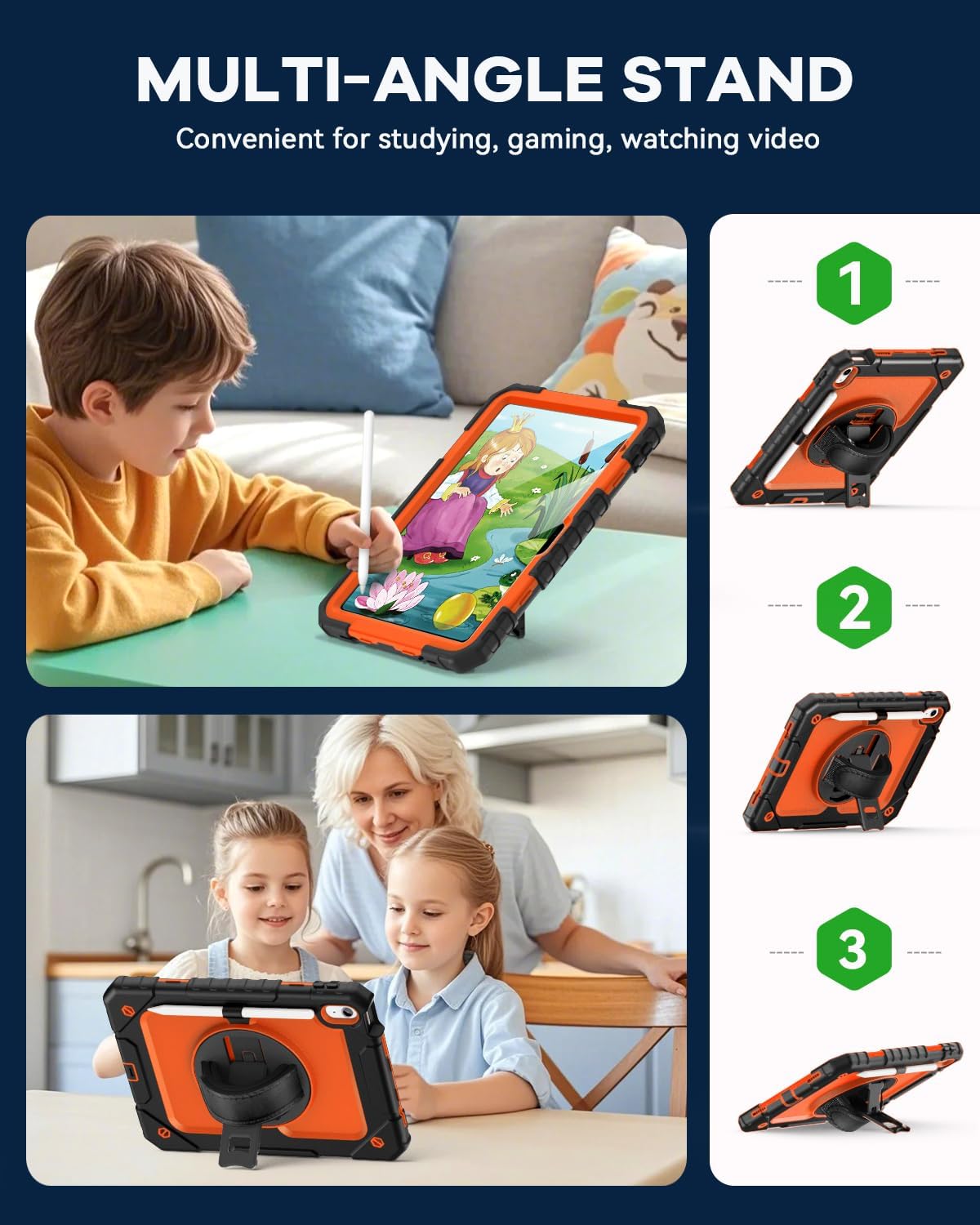 Cantis Case for iPad 11-inch (A16) 2025/ iPad 10th Generation 2022 (10.9 inch) with Screen Protector, iPad 11th Case with 360 Degree Rotating Stand/Shoulder Strap/Pencil Holder, Black+Orange