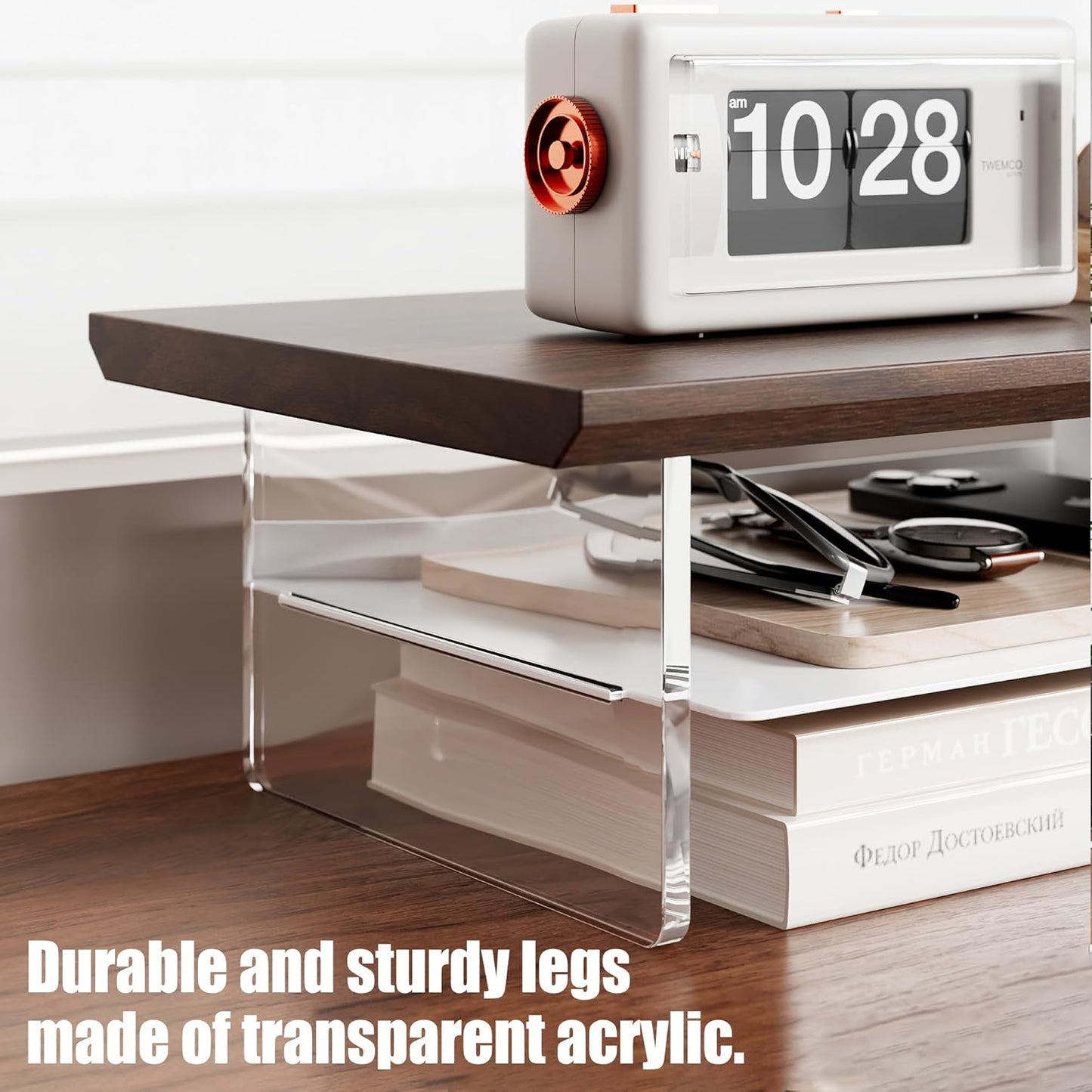 Dual‑Tier Monitor Stand for Modern Desk Setup – Minimalist Wooden and Metal Riser Shelf with Transparent Acrylic Feet for Dual Monitors, Laptops, Home Office Aesthetic，Brown and White