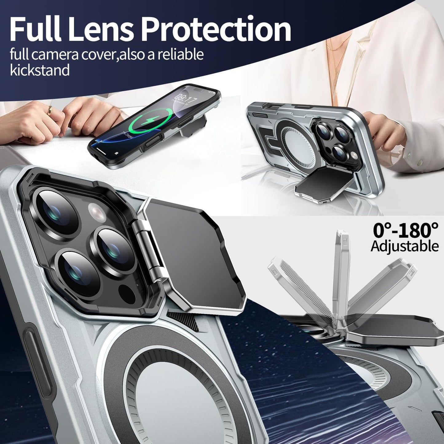 Camera Stand Case for iPhone 16 Pro Max, [Compatible with MagSafe] [Lens Cover] 2024 Version Military Grade Protective Soft Case for iPhone 16 Pro Max 6.9 inch Men Women, Grey