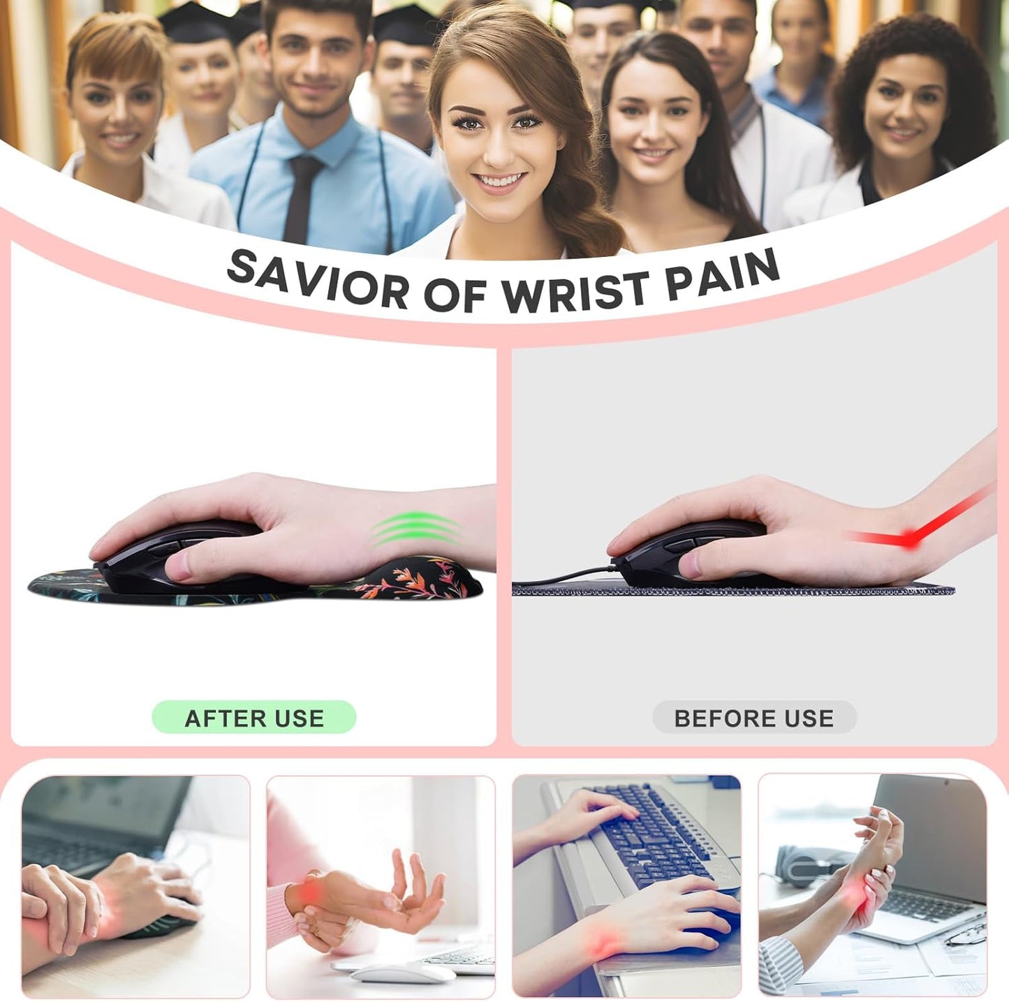 JIKIOU Mouse Pad, 2 Pack Ergonomic Mouse Pads with Comfortable Gel Wrist Rest Support and Smooth Cloth, Non-Slip PU Base for Easy Typing Pain Relief Durable and Easy to Clean Small Black Flowers