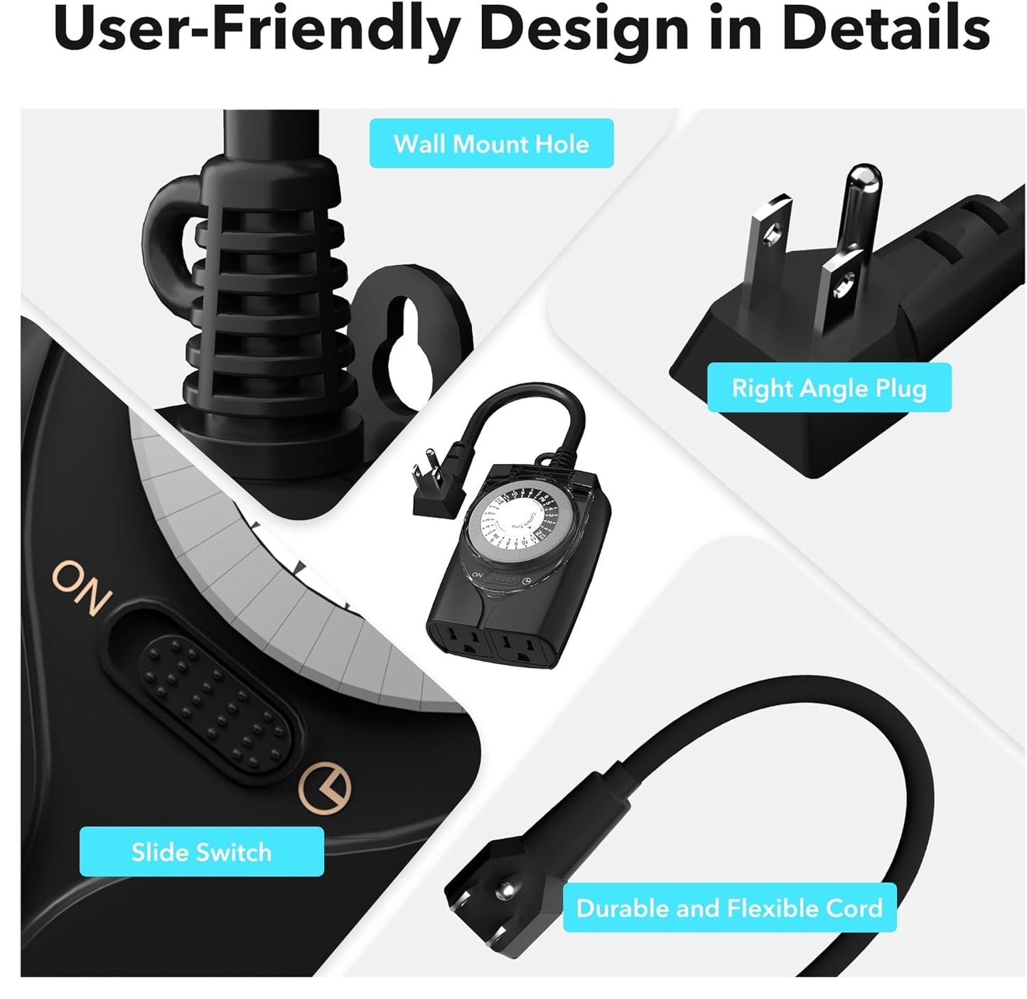 HBN Outdoor Timer Outlet Waterproof, 24 Hour Mechanical Light Timers for Electrical Outlets Outdoor Weatherproof, 2 Grounded Outlets for Christmas Lights, Pool Pump, 15A 1/2HP