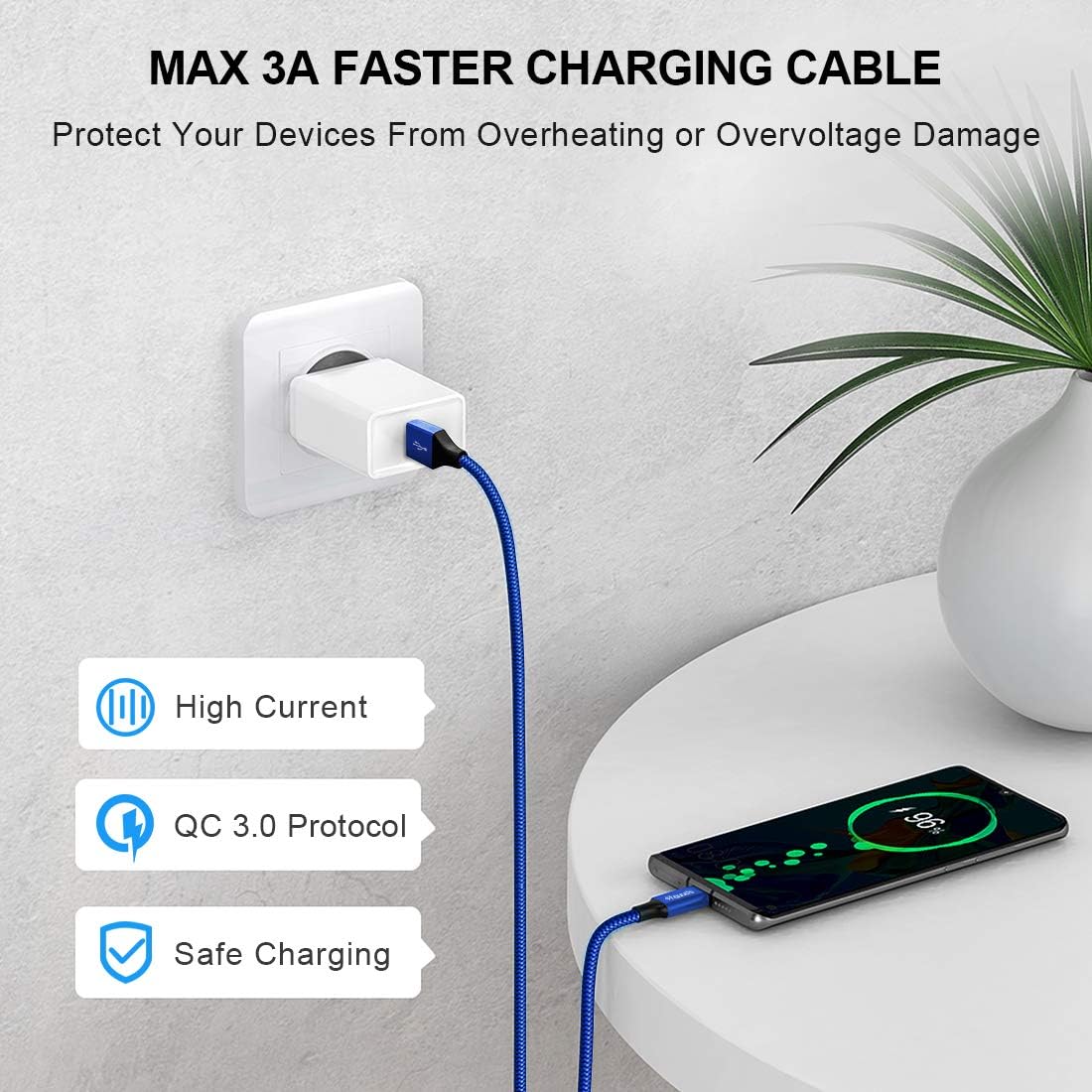 etguuds 6ft USB A to USB C Cable 3A Fast Charging, 2-Pack USB A to USB Type C Charger Cord for iPhone 16 15 Pro/Pro Max/Plus, for Samsung Galaxy S24 S23 S22 S21 S20 S10 A55 A54 Flip Note, Moto, Blue