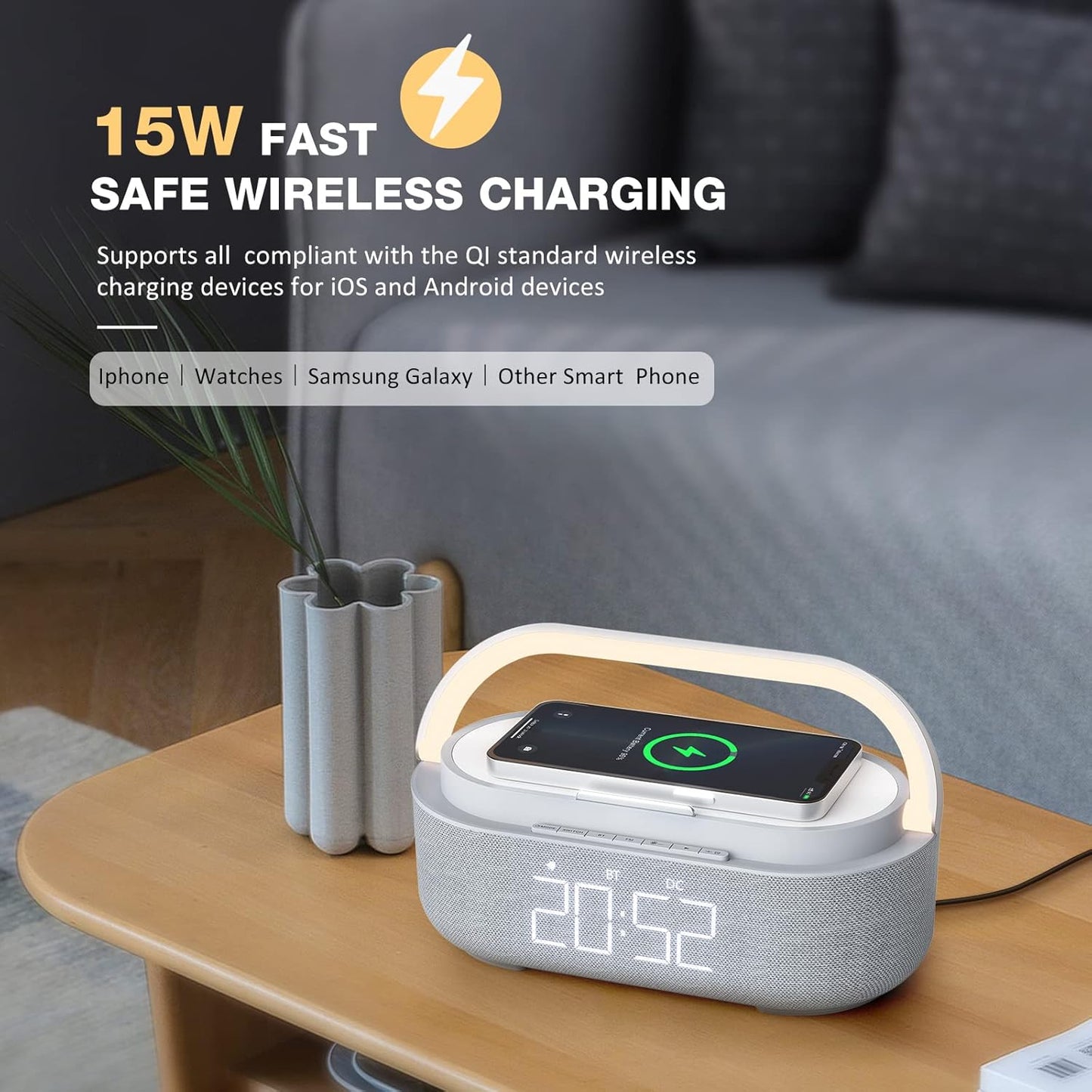 Bluetooth Speaker with Wireless Charger, FM Radio, Dimmable Bedside LED Night Light, Stereo Sound Dual Wireless Speakers, 2500mAh Portable Speaker for Home Decoration, Bedroom, Office, Gift