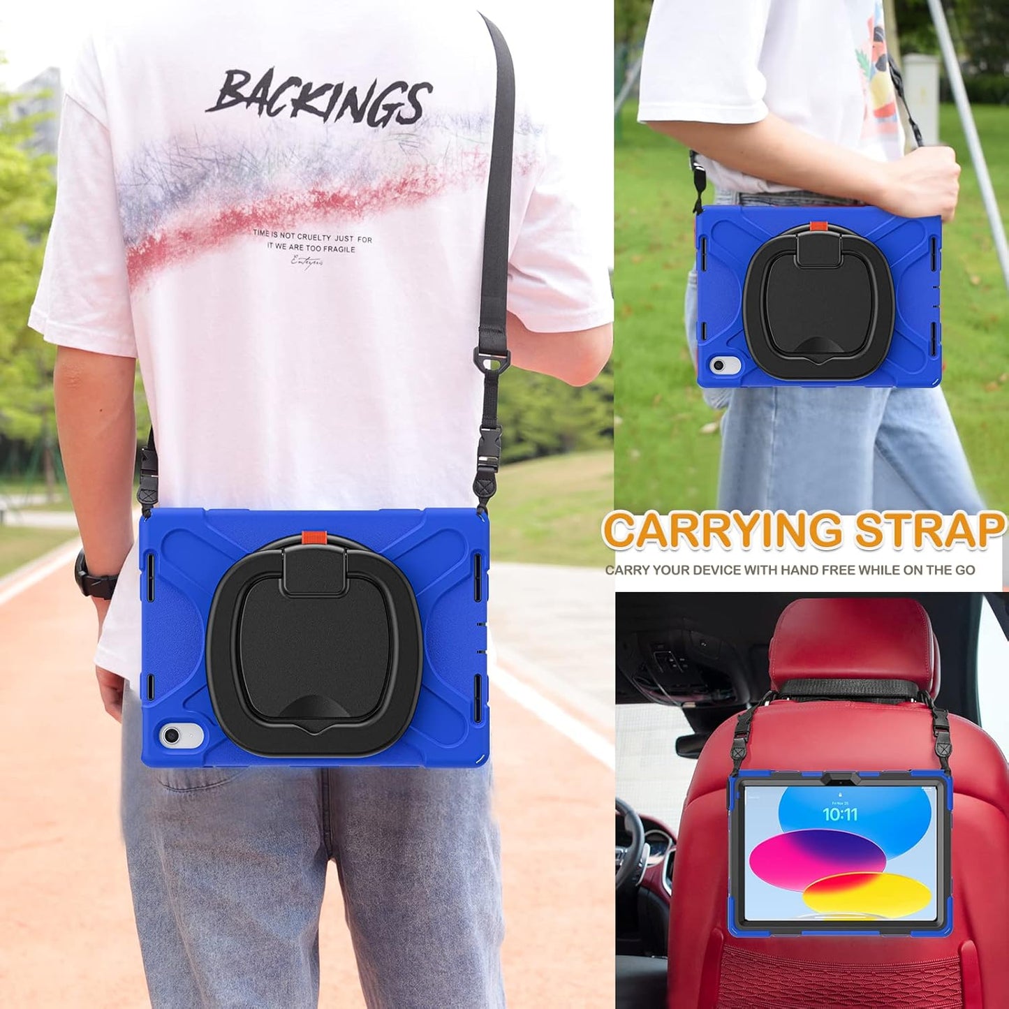 BRAECN Case for iPad (A16) 11th/10th Generation 11”/10.9'' 2025/2022-Rugged Silicone Cover for iPad 10th Gen w/Pencil Holder/Swivel Ring Stand/Screen Protector/Stable Kickstand/Shoulder Strap, Blue