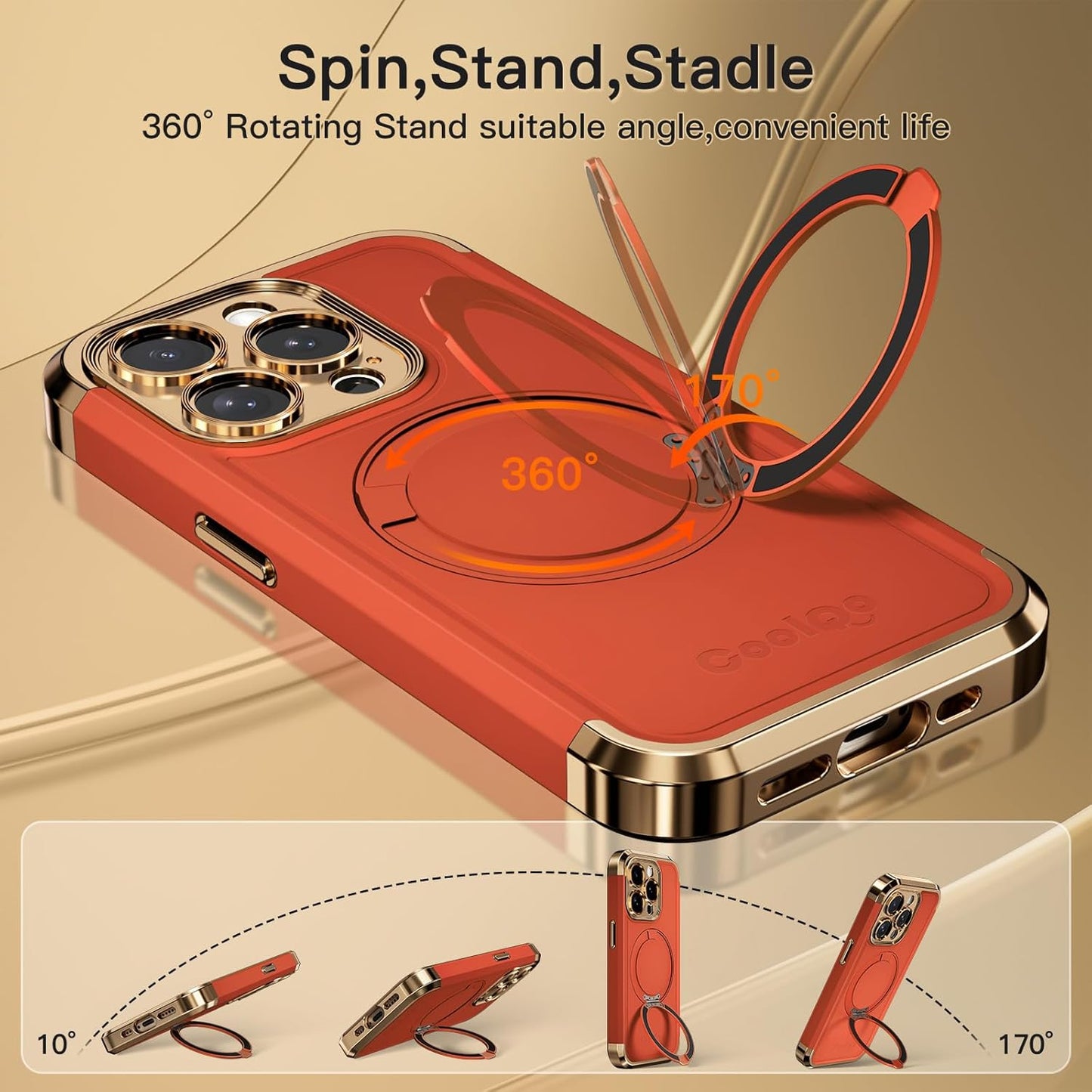 COOLQO for iPhone 15 Pro Max Case 6.7'' Upgraded 360° Spin Magnetic Stand [Compatible with Magsafe][Military Protection] Shockproof Protective Phone Holder Cover for iPhone 15 Pro Max, Orange Gold