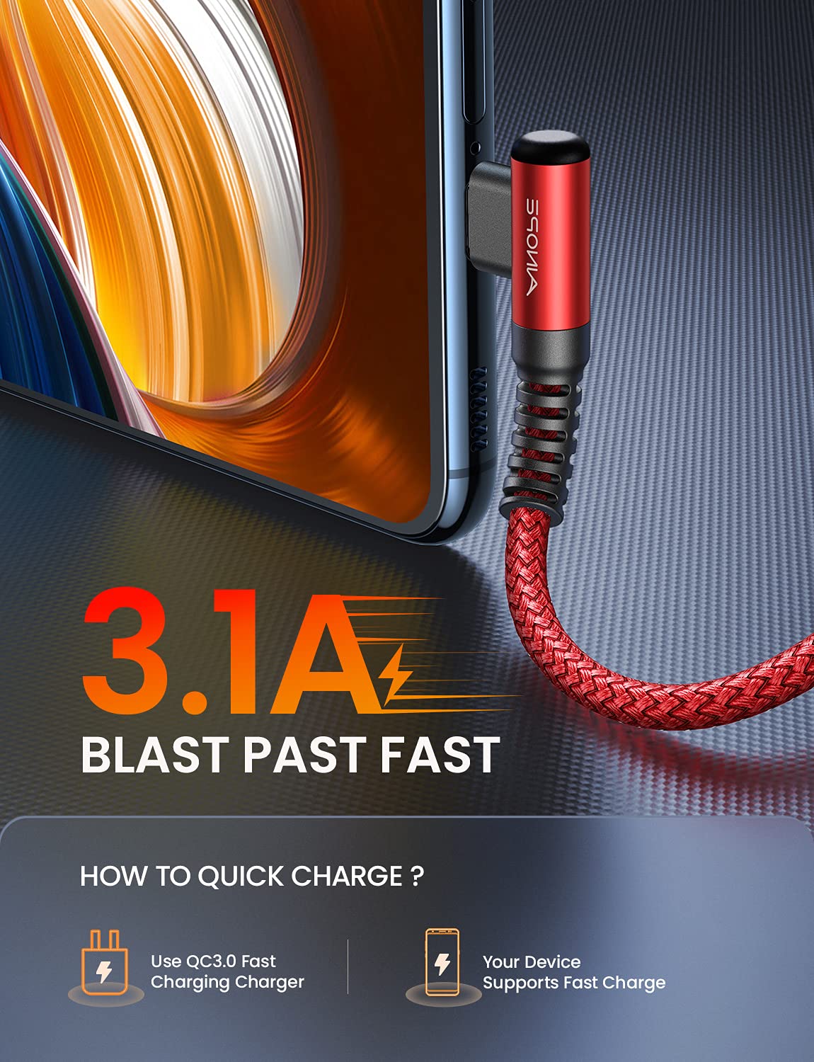 AINOPE 2-Pack USB C Cord 3.1A Fast Charge, [6.6ft+6.6ft] Type C Charging Cable Right Angle, Resistant Nylon Braided USB to USB C Cable Compatible Galaxy S10 S9 S8 Plus S21, LG V30,V20,G6