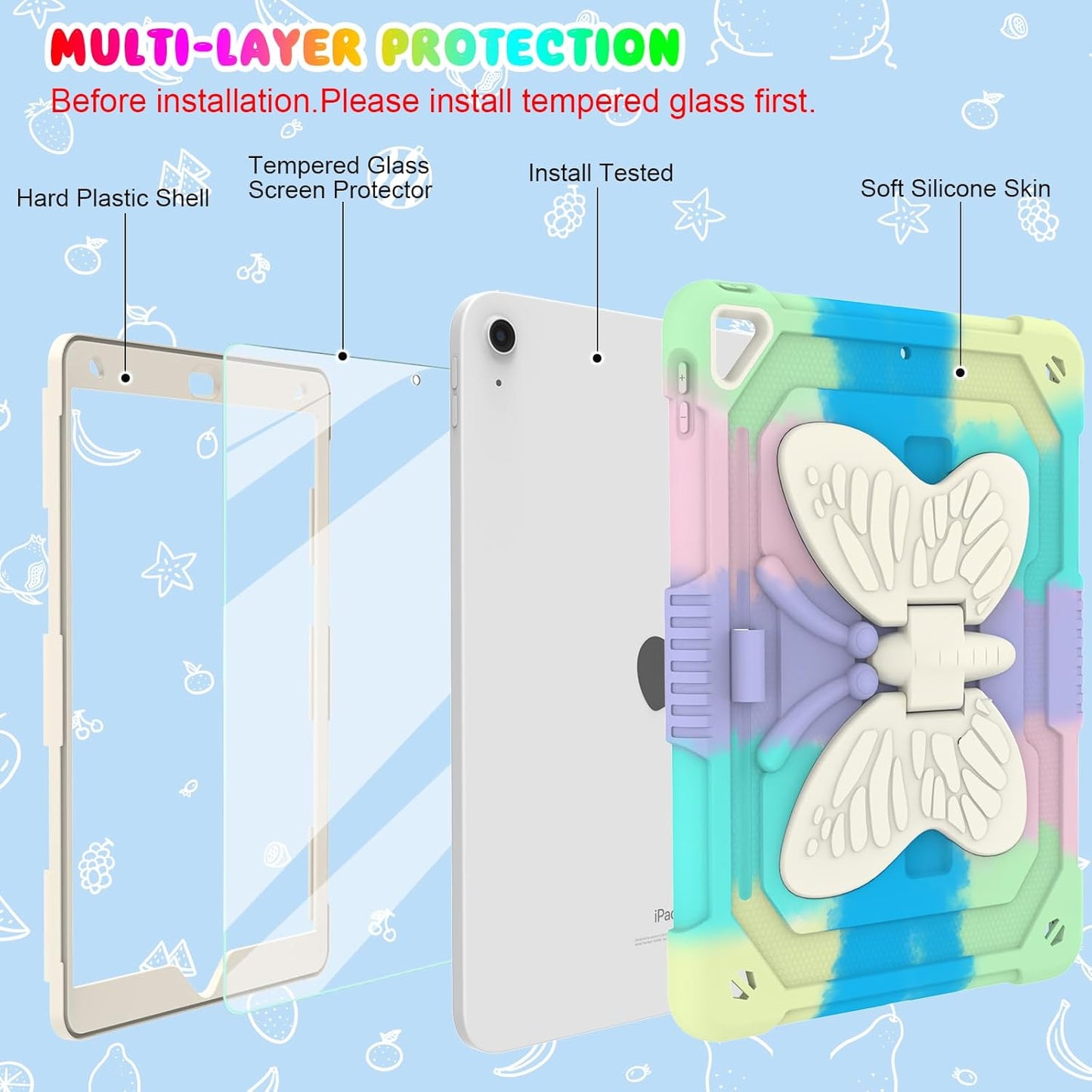 BLOSOMEET Kids Case for iPad 10.2 inch 2021 with Tempered Glass Screen Protector,iPad 9th/8th/7th Generation Case with Stand Pencil Holder & Shoulder Strap,Colorful Green