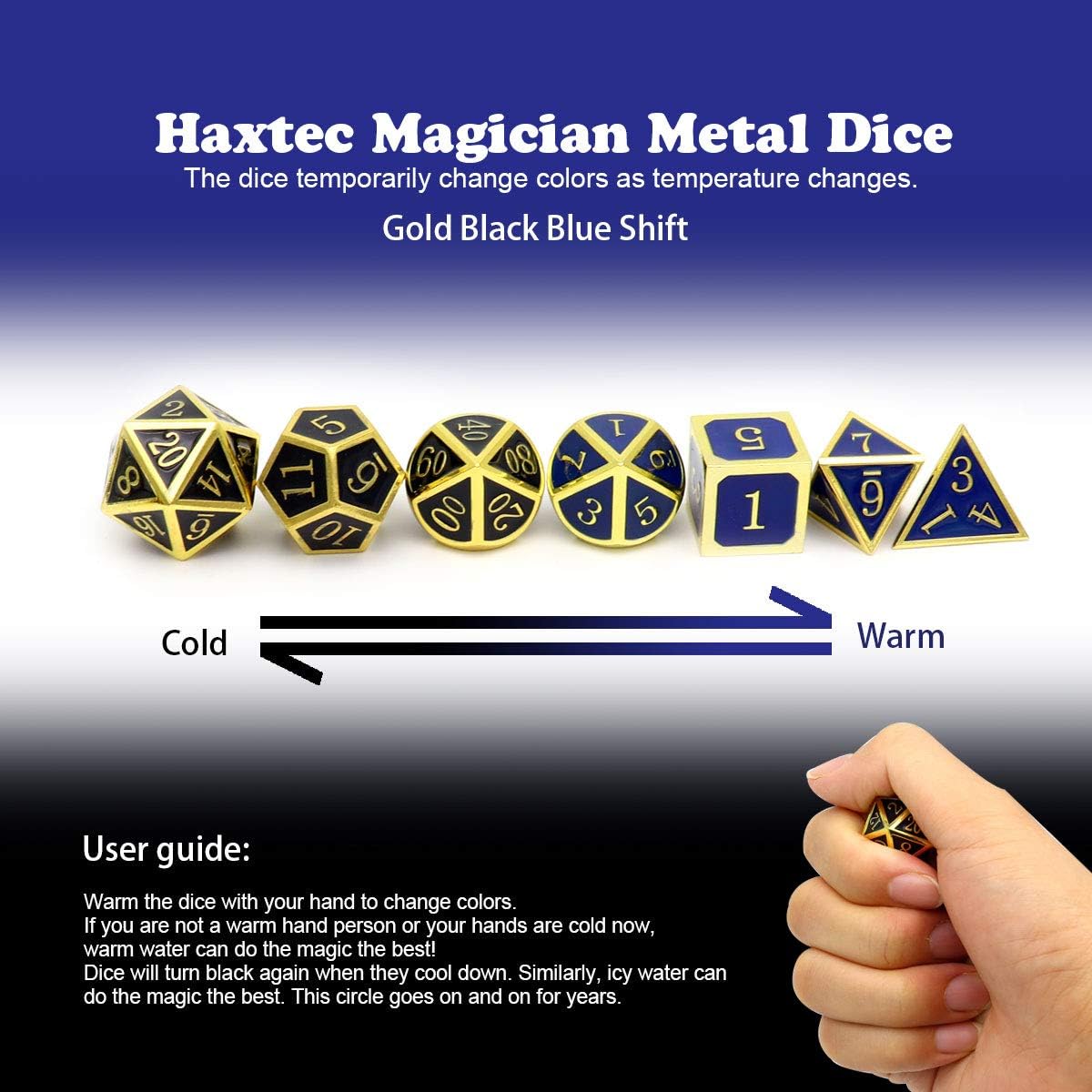 Haxtec Temperature Color Chaning Metal DND Dice Set Gold Blue Polyhedral D&D Dice Compatible with Dungeons and Dragons RPG-Gold Black Blue Shift