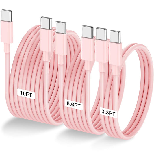 3-Pack Pink [3.3FT+6.6FT+10FT] 60W USB C to USB C Cable, Type C Fast Charging Cable for iPhone 16 15 Pro Plus Pro Max，for Galaxy S24 S23, for iPad Pro/Air, for MacBook Pro/Air and More
