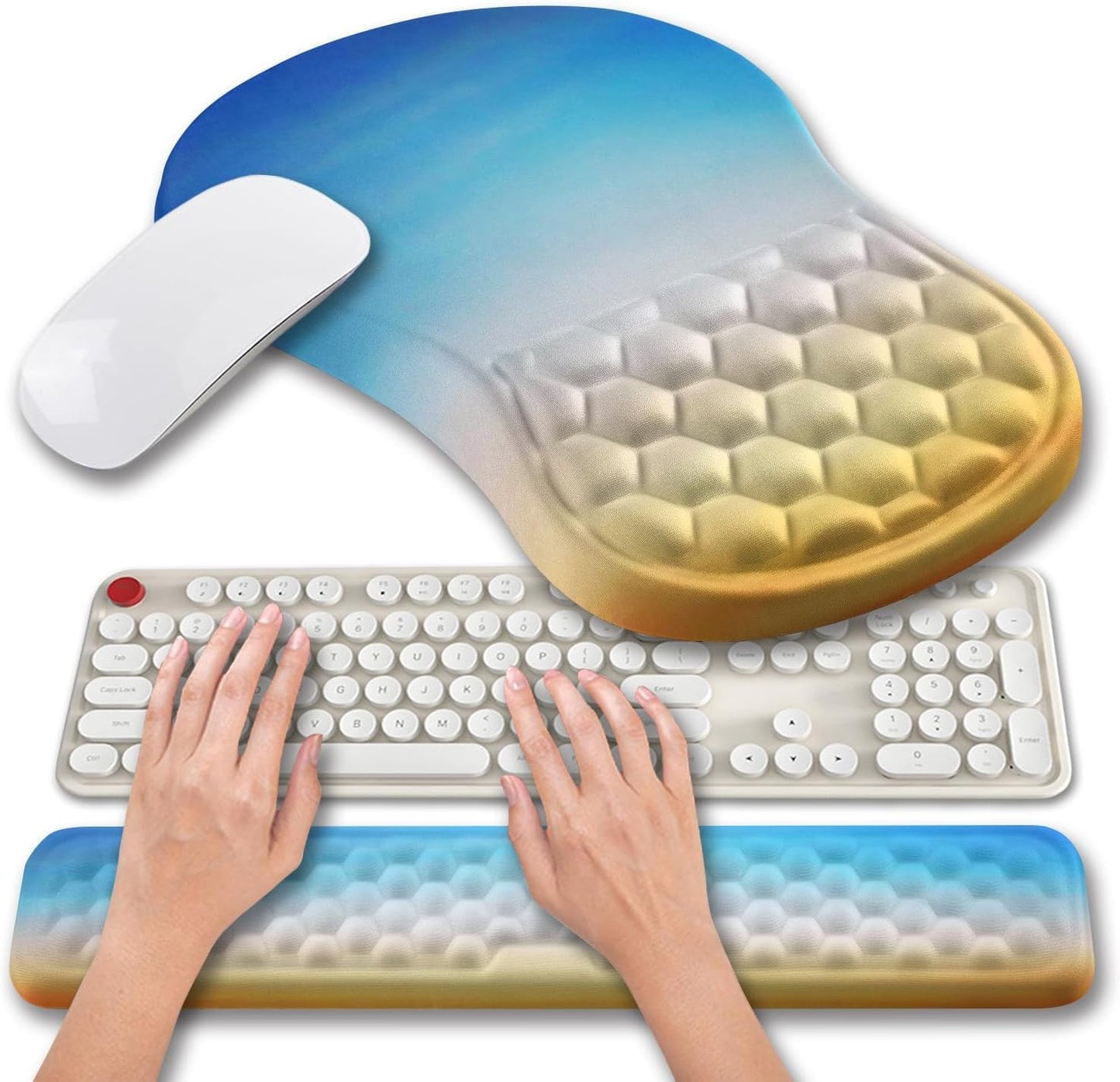 Hokafenle 2 in 1 Ergonomic Mouse Pad Wrist Support & Wrist Rest for Computer Keyboard Set, with Relieve Carpal Tunnel Pain Massage Bulge and Full Memory Gel Design (2In1 Set, Morning Sky)