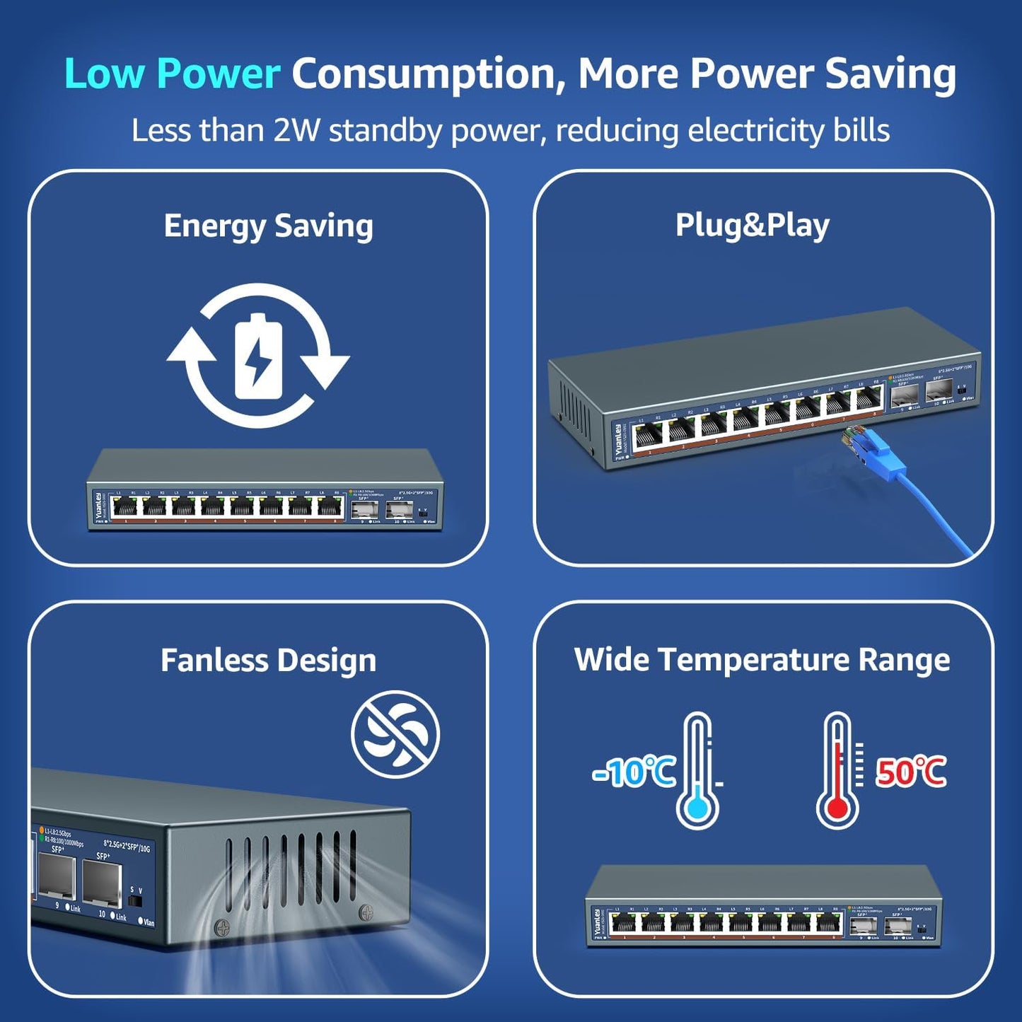 10 Port 2.5G Unmanaged Ethernet Switch, 8 x 2.5G Base-T Ports, 2 x 10G SFP, Compatible with 100/1000/2500Mbps, VLAN, Fanless, Desktop/Wall Mount YuanLey 2.5Gbe Network Switch for Wireless AP, NAS, PC