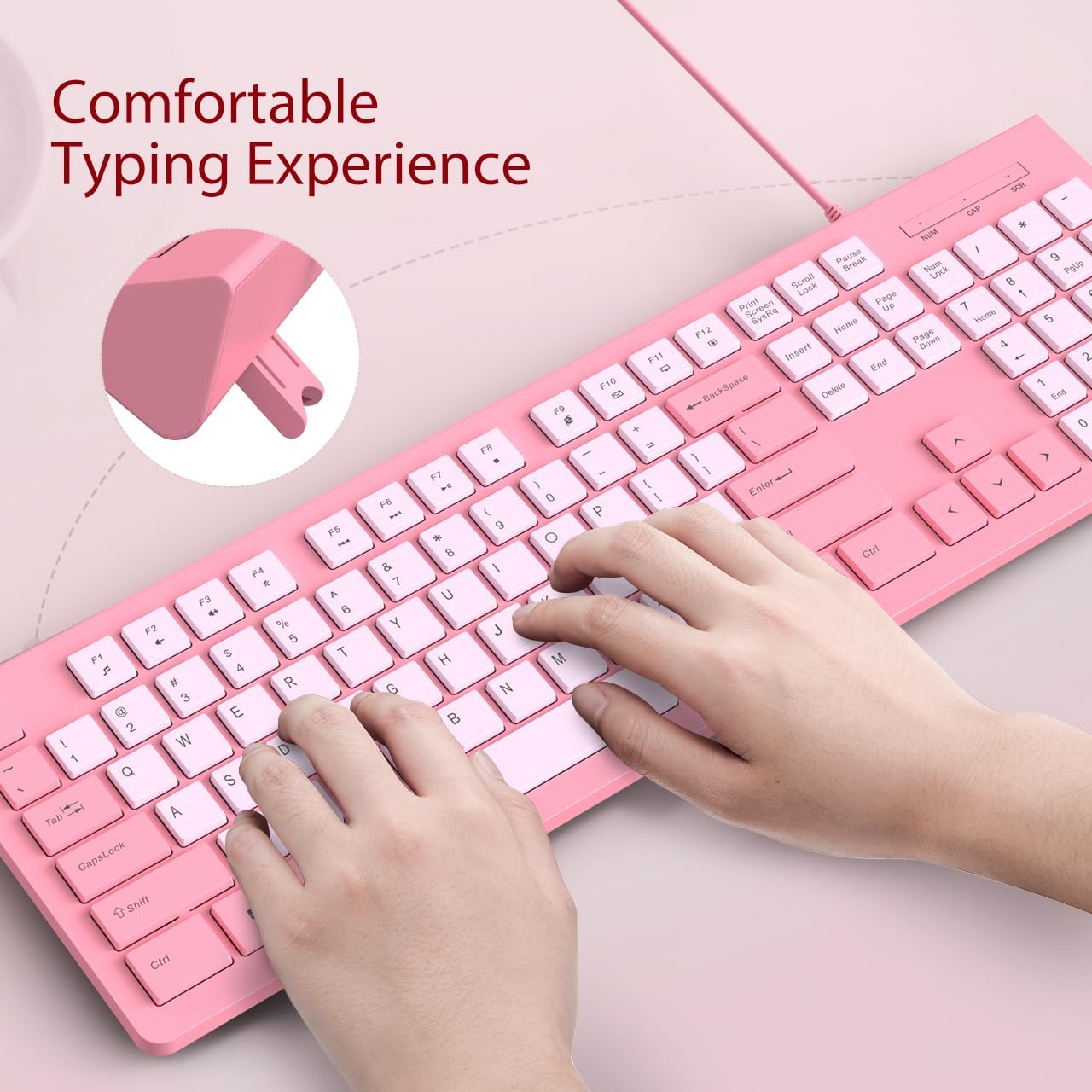 Computer Keyboard Wired, Plug Play USB Keyboard, Low Profile Chiclet Keys, Large Number Pad, Caps Indicators, Foldable Stands, Spill-Resistant, Anti-Wear Letters for PC Laptop (Rose Pink, 1-Pack)