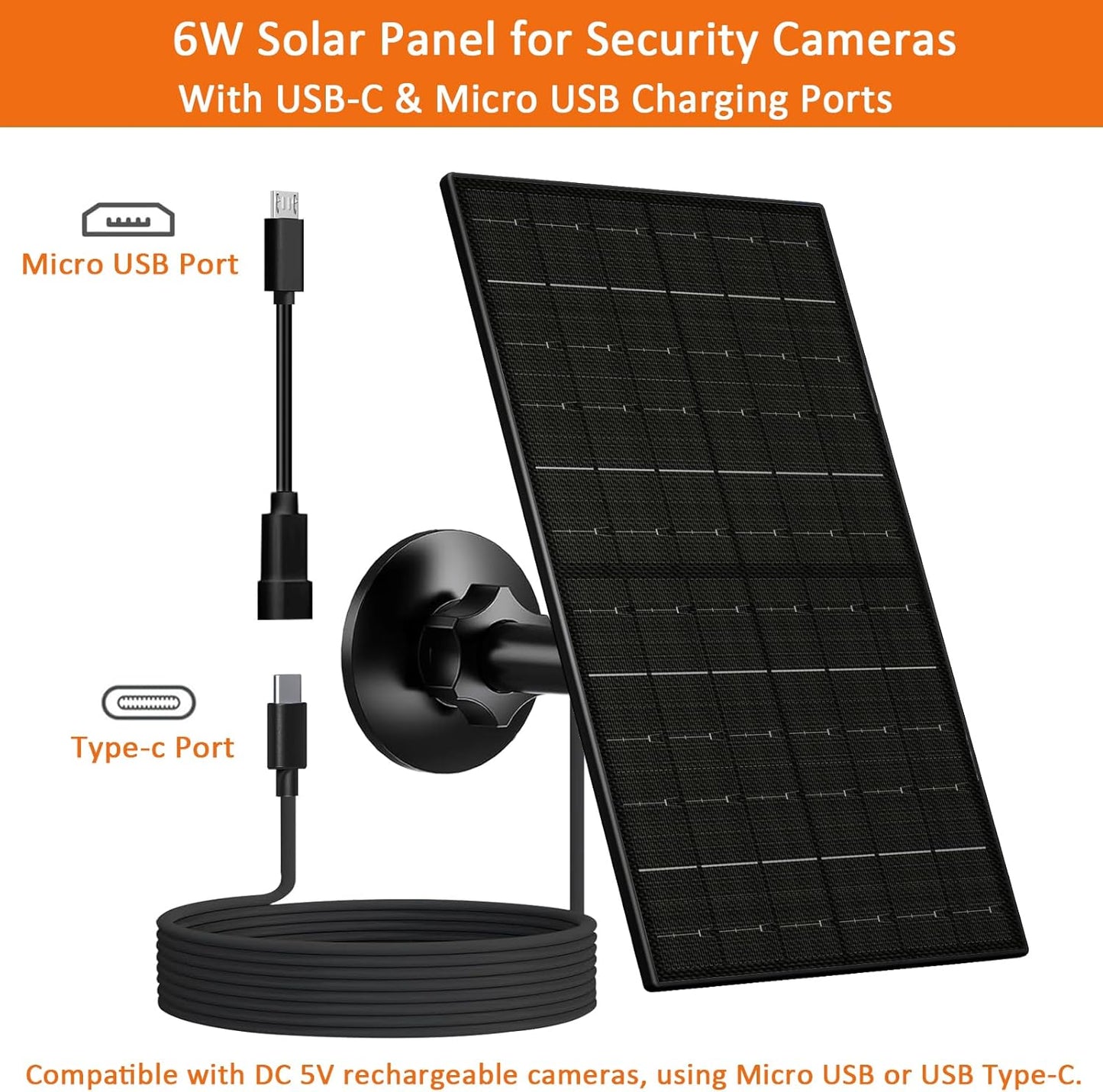 FUTUREZEN 6W Solar Panel for Security Camera Outdoor, 5V USB/USB-C Solar Charger Compatible with Rechargeable Battery Cameras, IP66 Waterproof, 360° Adjustable Mount, 9.8ft Cable (1 Pack, Black)