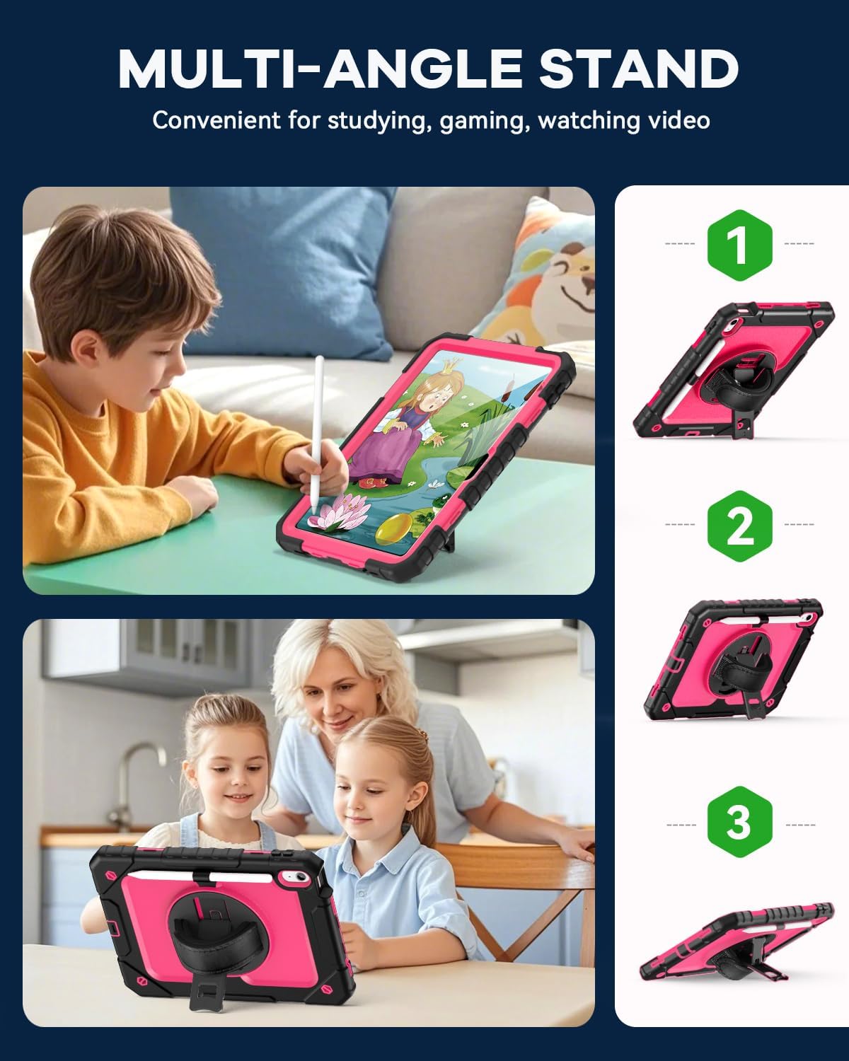 Cantis Case for iPad 11-inch (A16) 2025/ iPad 10th Generation 2022 (10.9 inch) with Screen Protector, iPad 11th Case with 360 Degree Rotating Stand/Shoulder Strap/Pencil Holder, Black+Hot Pink